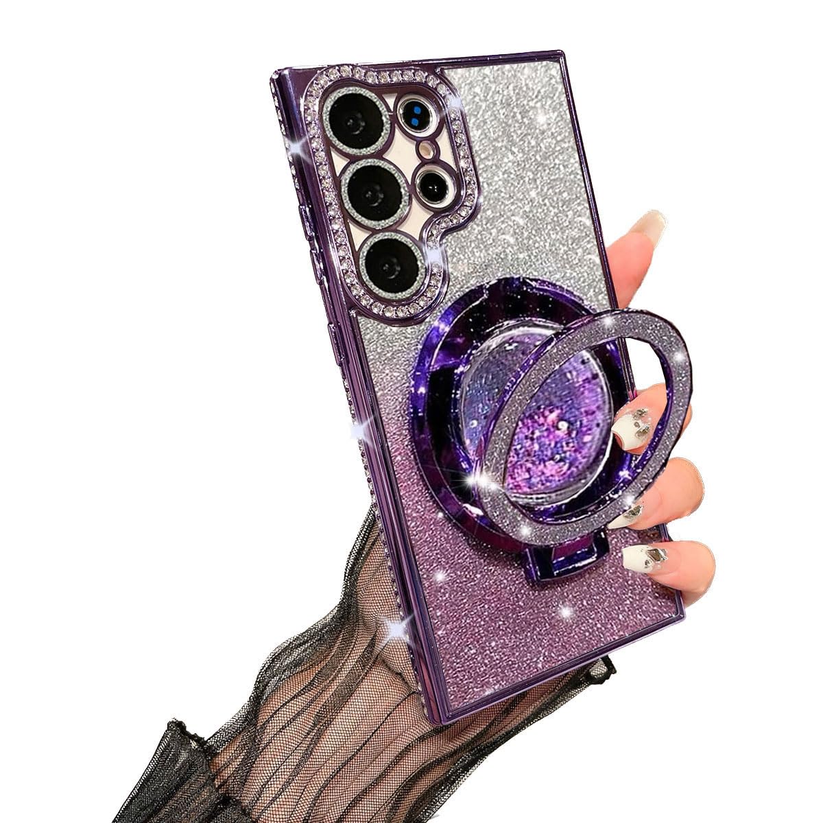 AuroiCCY Glitter Phone Case for Samsung Galaxy S24 Ultra with Magnetic Kickstand,Cute Bling Rhinestones with Glass Camera Lens Protector,Flowing