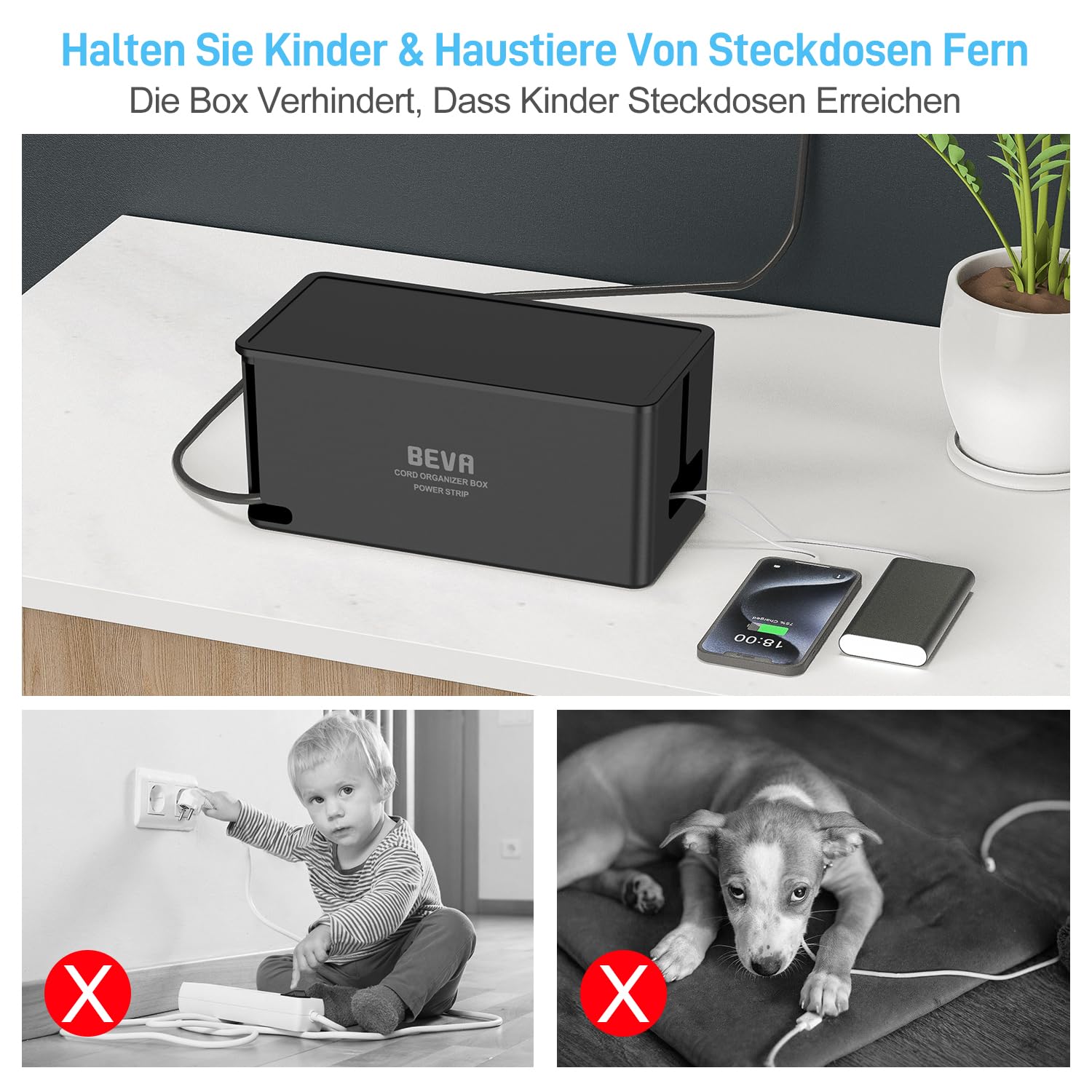 BEVA Kabelbox mit Steckdosenleiste 3680W/16A und 4M Kabel, Schwarz | 1050J Steckdosenleiste Überspannungsschutz , Mehrfachsteckdose mit 6 Steckdosen+ 3USB-A+1USB-C , Mehrfachstecker mit Schalter