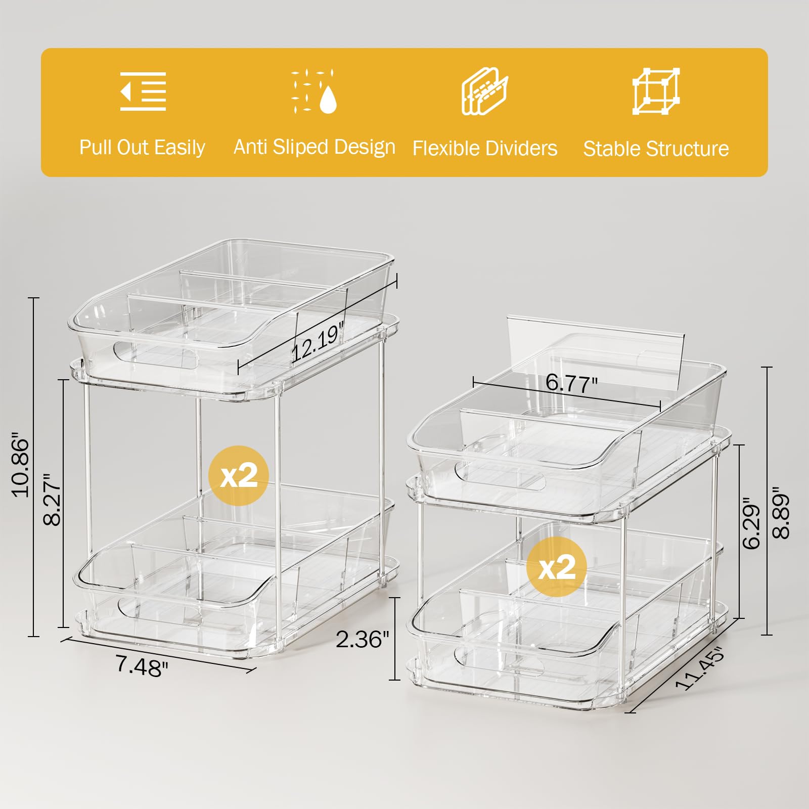 Paquete de 4 organizadores y almacenamiento de baño, organizador transparente de 2 niveles para debajo del fregadero, organizador extraíble para botiquín 5