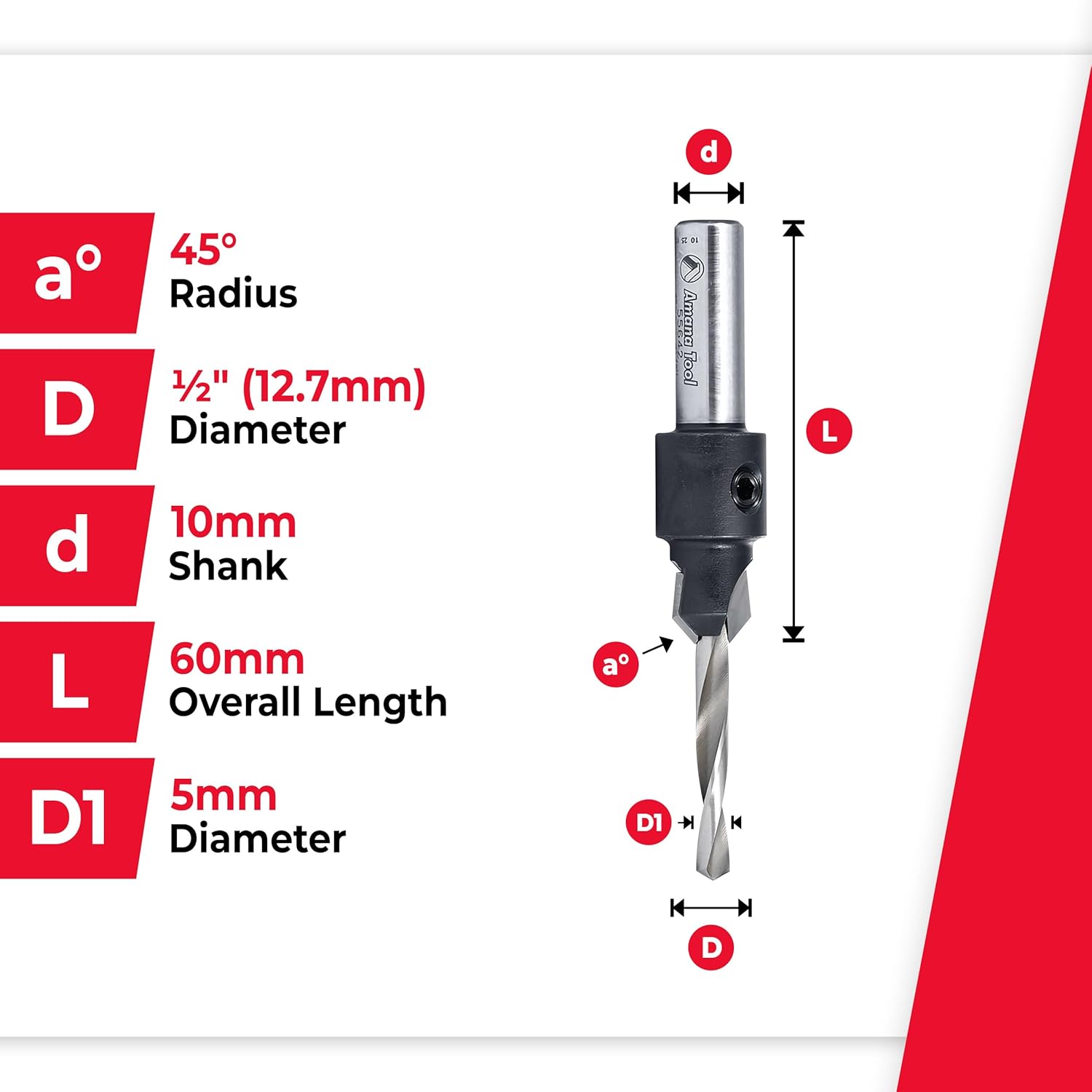 Amana Tool Carbide Tipped Countersink Drill Bit, Compatible with Boring Machines, 55642, 1/2 D x 45 Degree x 60mm Long x 10mm Shank