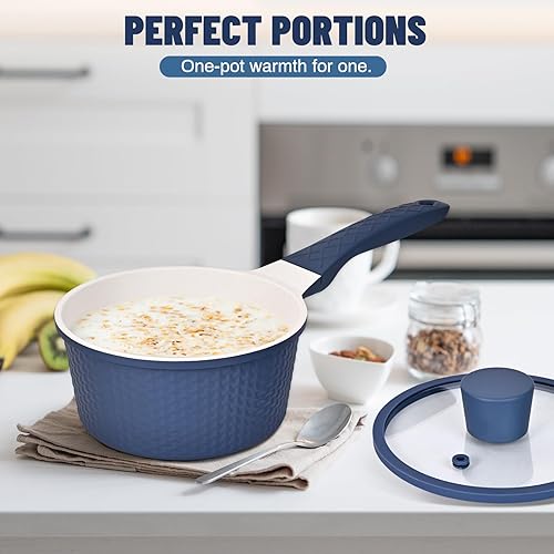 Miniatura 4 de Cacerola antiadherente de 1.5 cuartos de galón con tapa, olla pequeña para cocinar con mango de silicona, apta para lavavajillas y compatible con