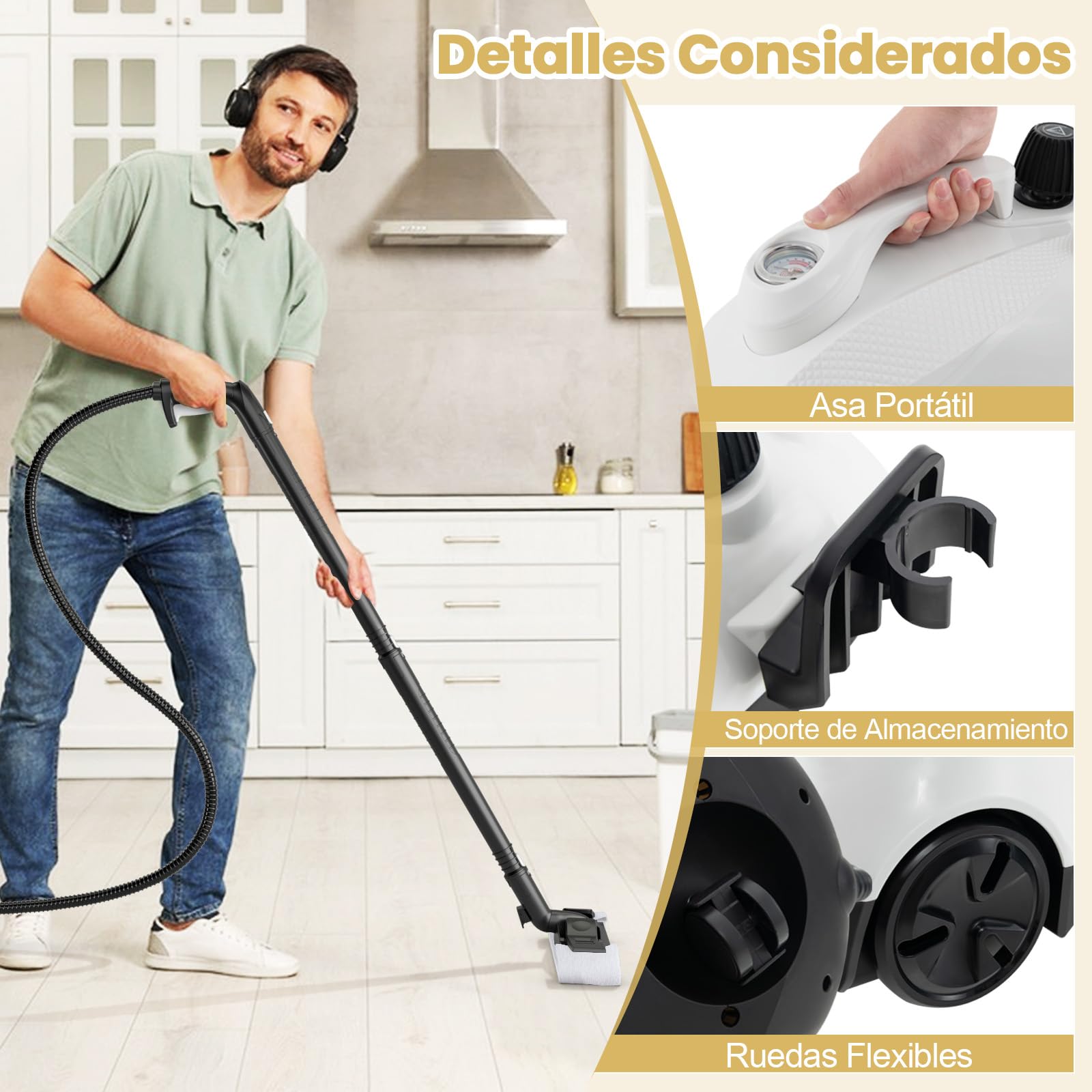 GOPLUS Limpiador a Vapor 2000W, Máquina de Limpieza a Vapor con Depósito de 1,8L, Alta Presión de 5 Bar, Mopa a Vapor con Ruedas y Accesorios Completos, para Suelos, Ventanas, Alfombras (Blanco)
