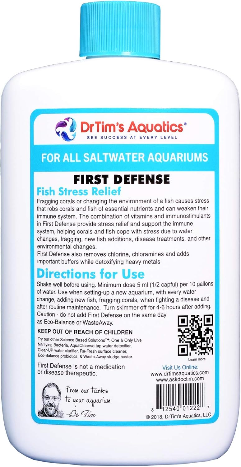 DrTim’s Aquatics Saltwater First Defense Fish Stress Relief and Immune Support – For Fish Tanks, Aquariums – Revitalizes Natural Slime Coat – Detoxifies Heavy Metals, Repairs Wounds – 8 Oz.