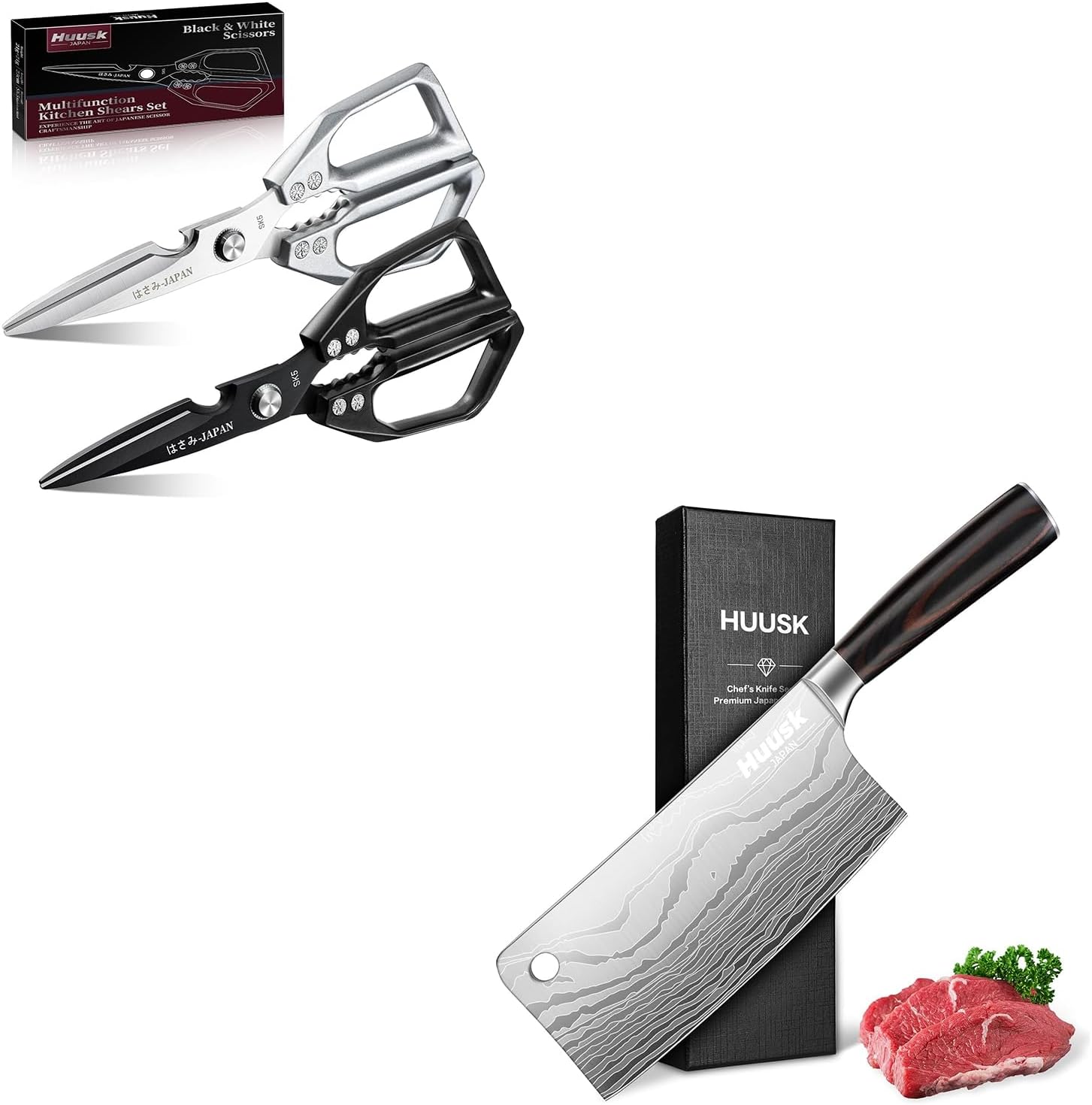 Huusk Meat Cleaver Knife 7 inch, Butcher Chopper, Japanese Butcher Knife for Meat and Vegetable Cutting, Cleavers with Ergonomic Handle, Kitchen Scissors for Meat, Chicken Bones, and Turkey