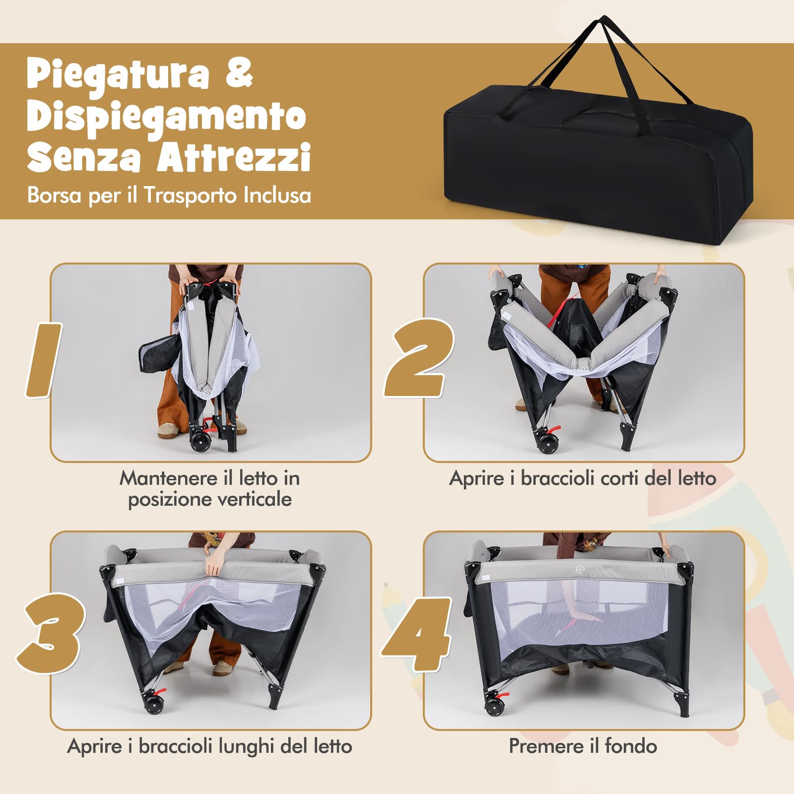 RELAX4LIFE 5 en 1 Cuna Bebé con 5 Alturas Ajustables, Cambiador, Colchón, Caja Música, Juguetes Colgantes y Bolsa de Transporte, Cuna de Viaje con 2 Ruedas Bloqueables para Bebés 0-3 Años (Gris)