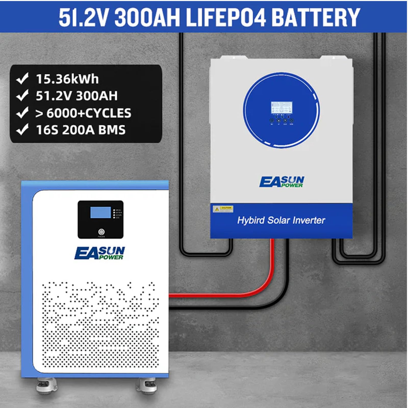 POWLAND 15kWh Batteria al Litio 48V per Fotovoltaico | 300Ah 51.2V LiFePO4 6000+ Cicli | Batteria da Pavimento con BMS di Sicurezza