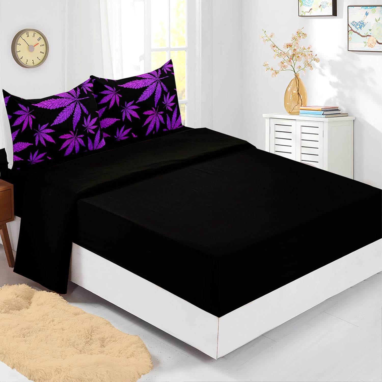 Axolotl Purple Leaves Comforter Set Full,Floral Bedding Set for Adults Botanical Quilt Set for Women Men 7Pcs Maple Leaf Bed Set with 1 Comforter,1 Flat Sheet,1Fitted Sheet,4 Pillowshams,Black