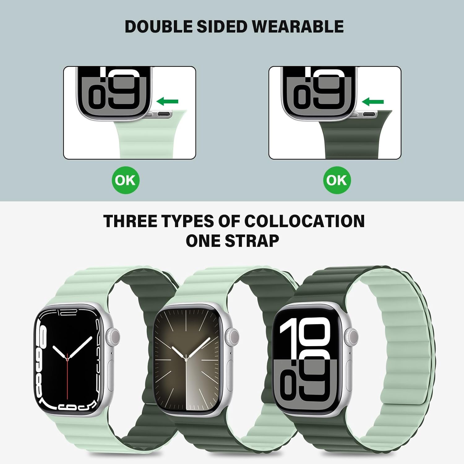 Compatible with Apple Watch Band 49 46 45 44 42 41 40 38mm, Double Sided Wearable Silicone Magnetic Strap for iWatch Ultra SE Series 11 10 9 8 7 6 5 4 3 2 1 (38/40/41/42, Darkgreen/Lightgreen) - Image 3