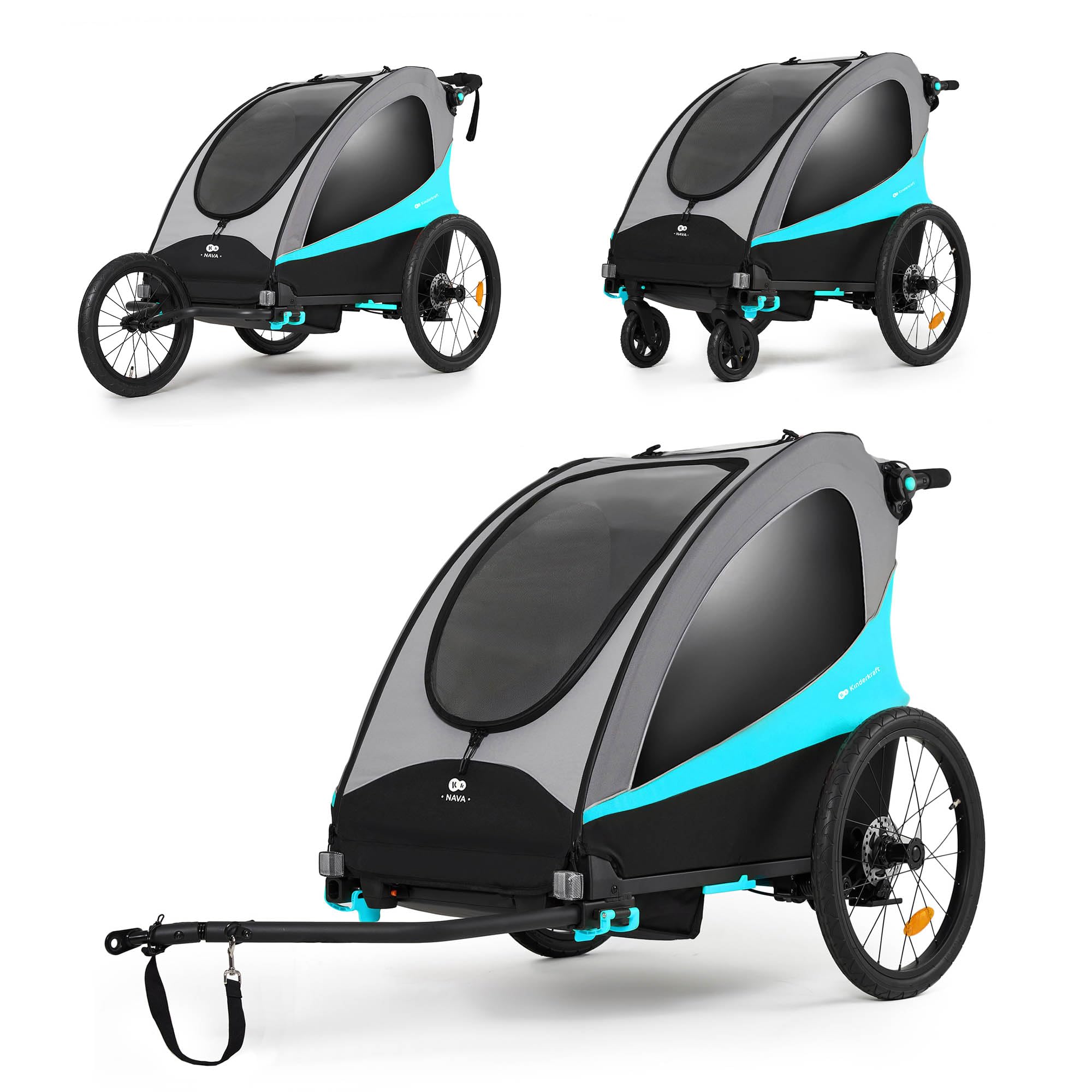 Kinderkraft NAVA 3in1 Kinderwagen Laufwagen Fahrradanhänger für zwei Kinder bis 44 kg Aluminiumrahmen Blau