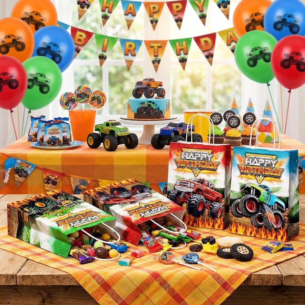 24 Pcs Monster-Truck Party Favor Bags with Handles - Racing Truck Goodie Bags Gift Bags. Checkered Theme Candy Bags for Kids, Kraft Paper Bags for Birthday Party Supplies Decorations - Image 5