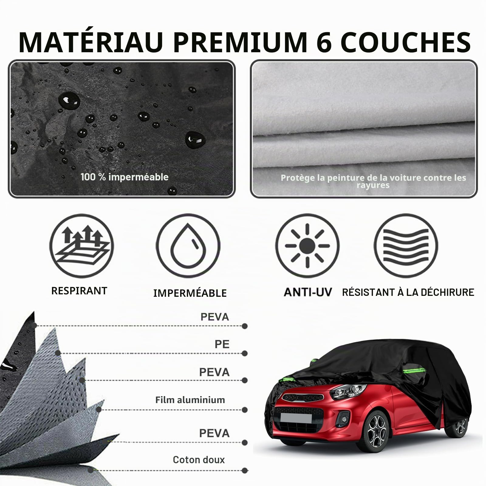 Couverture de Voiture Remplacement pour Kia Picanto 2003-2024, Bâche de Voiture Garage de Complet étanche Garage Complet Bandes Réfléchissantes PE