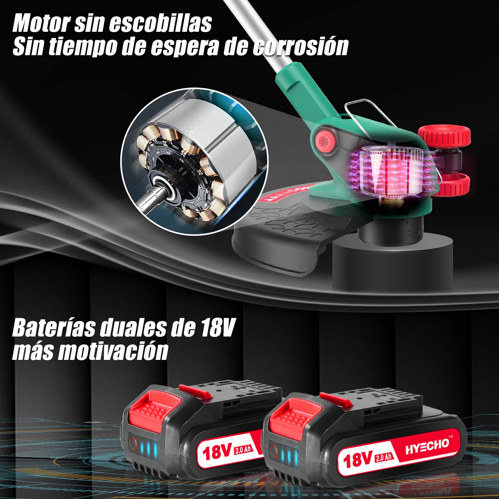 Desbrozadora bateria 36V(2 * 18V), Brushless cortabordes eléctrica, diámetro de Corte 35 cm, 2 baterías de 2,0 Ah e Cargador de Dobre posición, dous axustes de velocidade