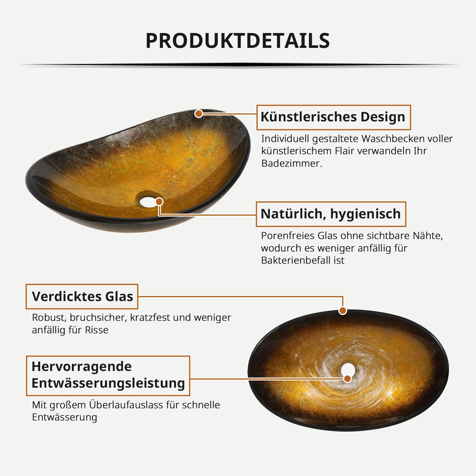 ZealWe Waschbecken Aufsatzwaschbecken Glas, Waschbecken Aufsatz Waschschale Oval für Badezimmer, Handwaschbecken Gäste WC 53 × 35 × 15 cm Waschtisch Waschplatz, Schwarz Gold