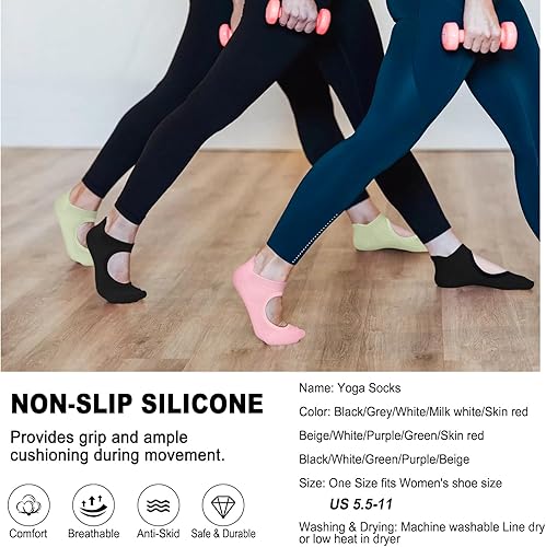 Miniatura 7 de 5 pares de calcetines de pilates, calcetines de yoga con agarres para mujer, antideslizantes, pilates, entrenamiento, barra pura, ballet, danza,