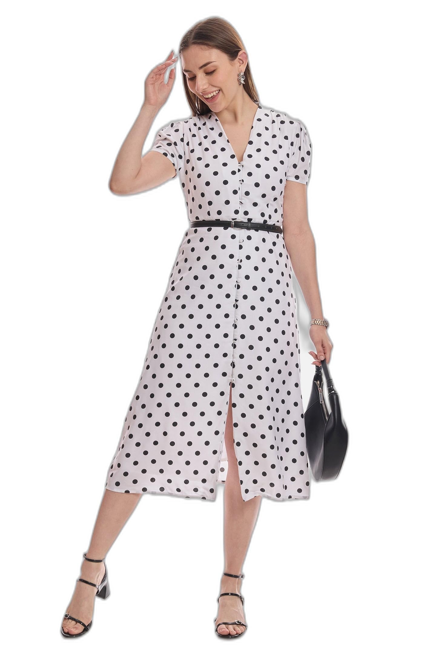 V Neck with Gathers Shoulder Midi Dress for Women Casual Flared Silhouette Puff Sleeves Lightweight 100 Percent Viscose Elegant Comfortable Everyday Wear Dress-image-0