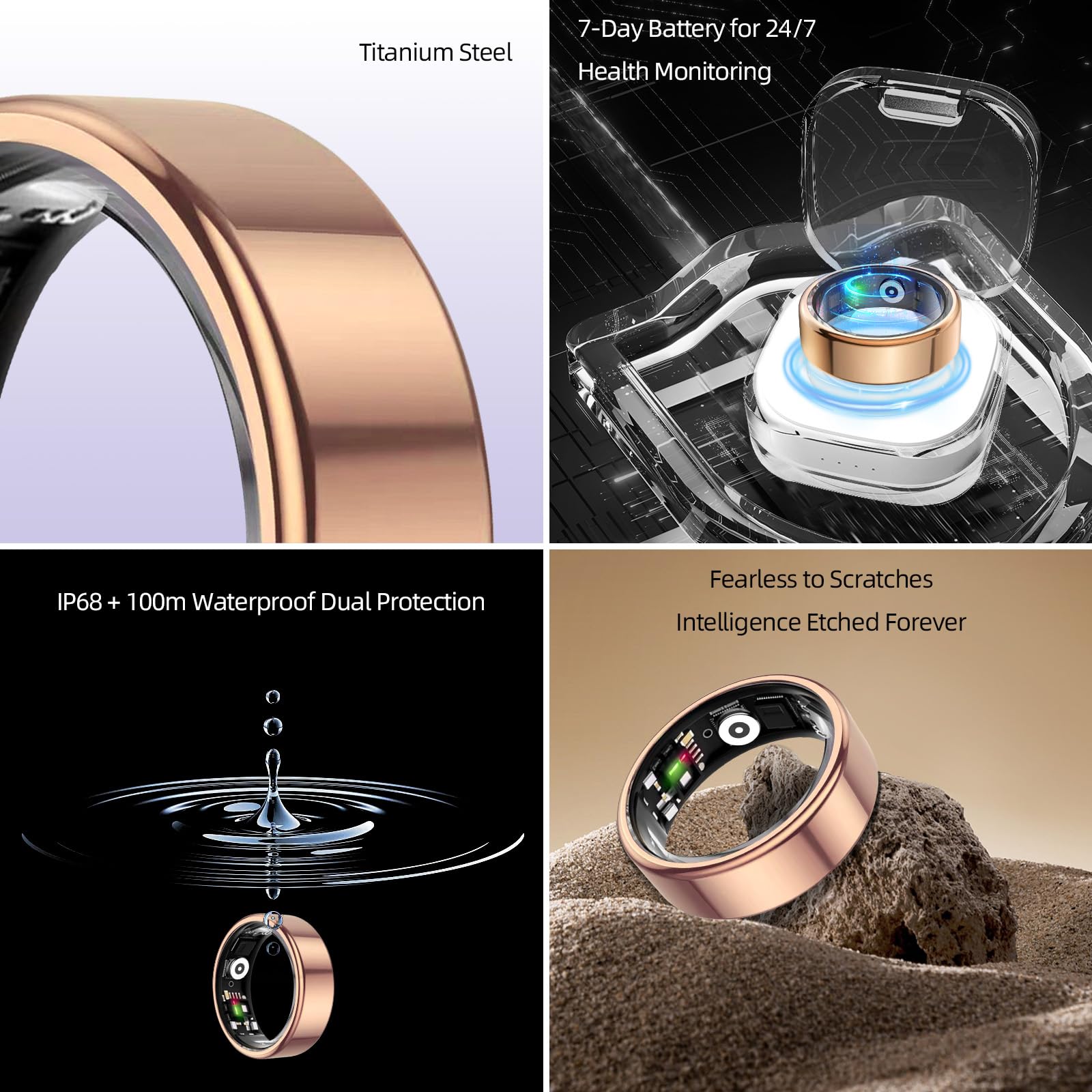 Anillo inteligente para mujeres y hombres, rastreador de salud, sin suscripción | Rastrea el sueño, frecuencia cardíaca, HRV, estrés y actividad. Resistente al agua IP68, compatible con iOS y Android