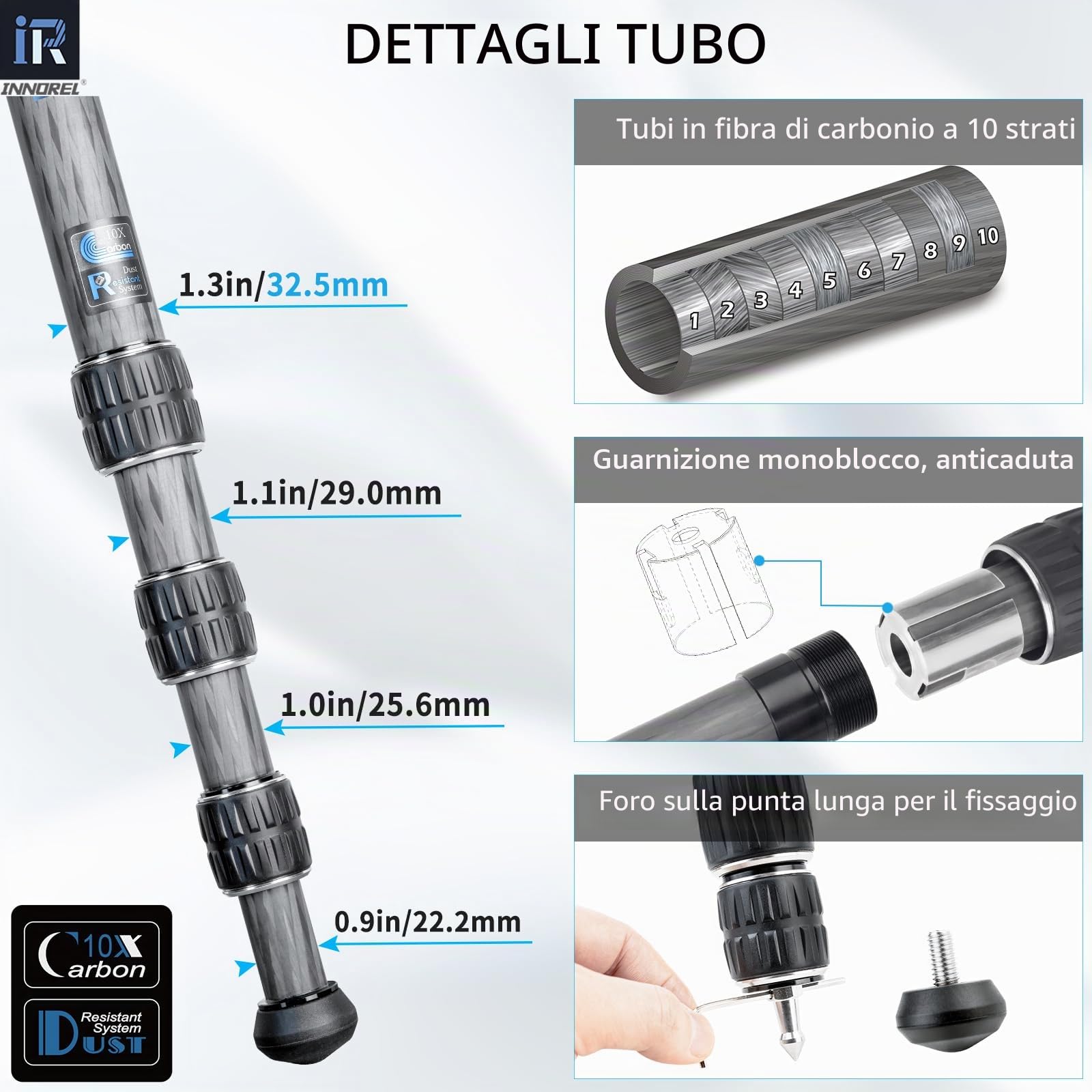 Treppiede in fibra di carbonio INNOREL CT85C Treppiede compatto professionale Supporto fotocamera pesante per videocamera DSLR con testa a sfera a bassa gravità 46mm Carico 25kg con colonna centrale