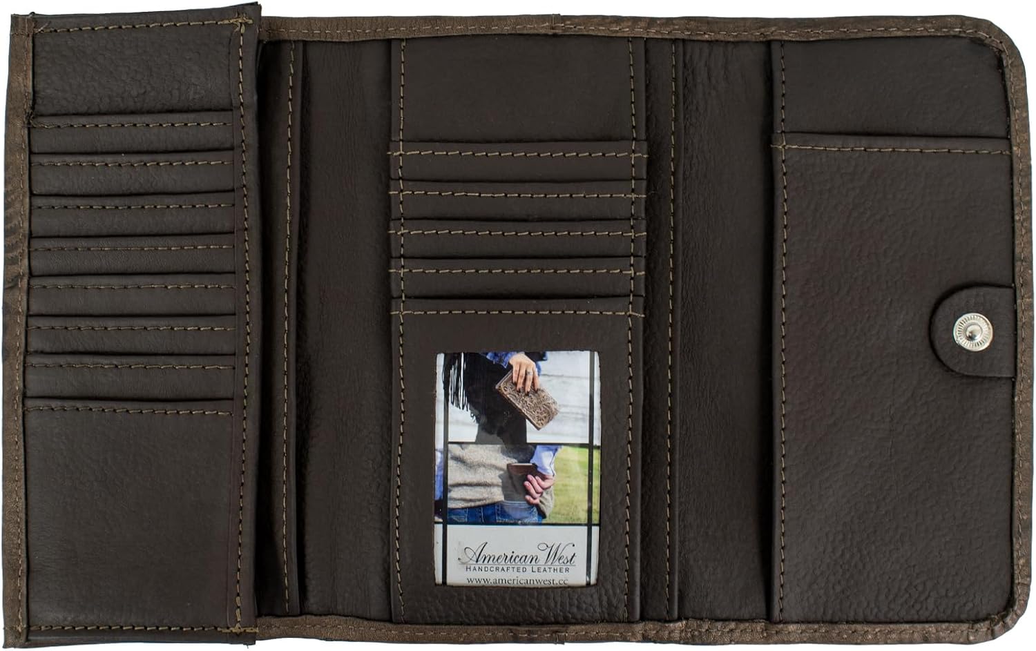 American West Hand Tooled Handcrafted 100% Genuine Leather Tri-Fold Wallet for Women | Credit Card Slots Cash Pocket and Clear ID Holder | Western (Dark Brown)