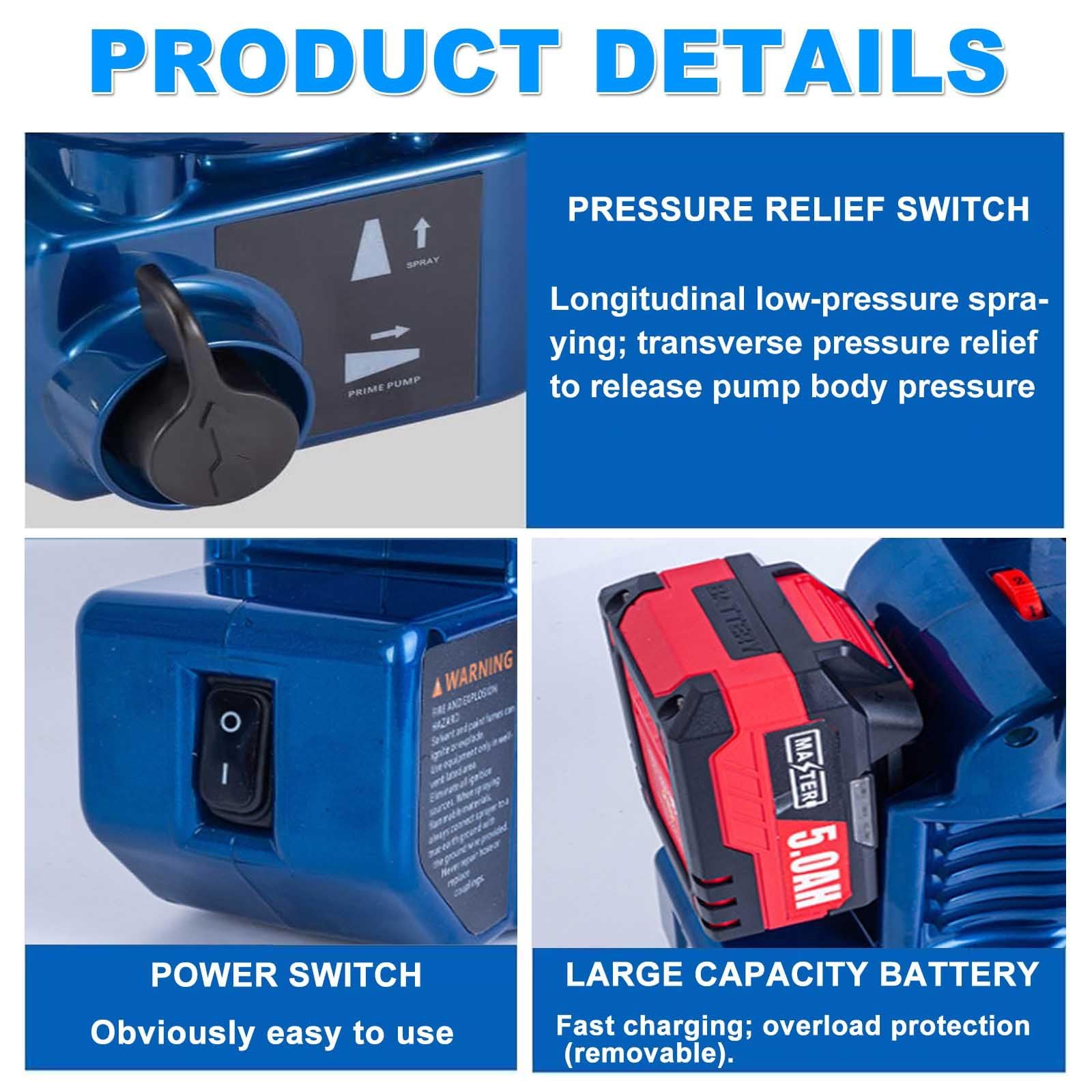 Pulverizador sin aire de alta presión, caudal de 1,1 litros/minuto, 6 ajustes de velocidad, compatible con baterías de 21 V, equipado con una manguera ajustable de 70 pulgadas, capaz de rociar a alta