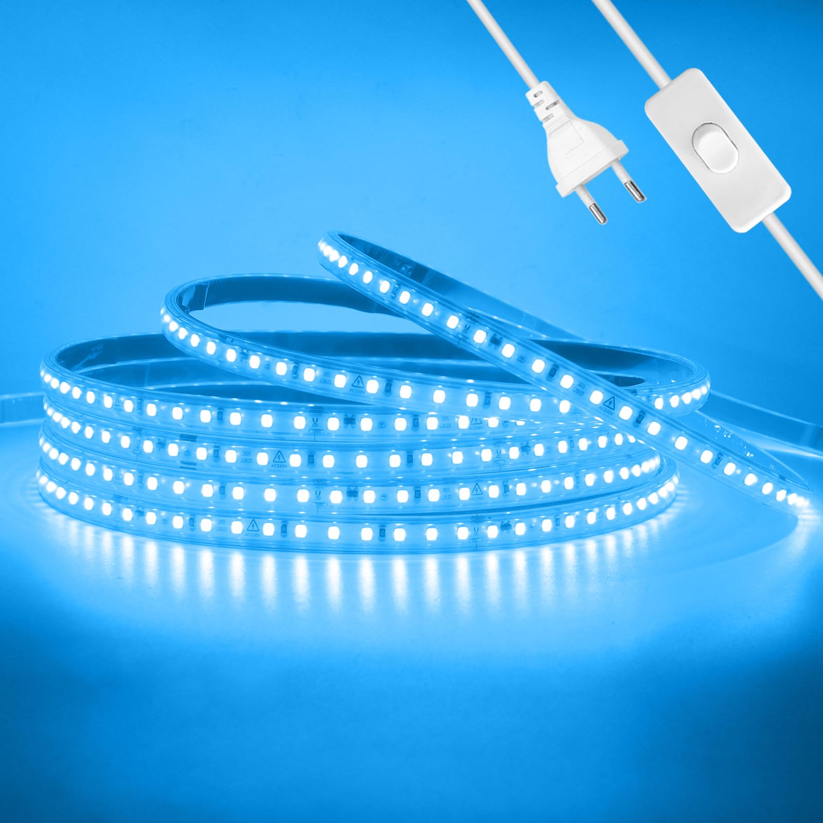 Wisada Anschluss an AC220-240V LED Streifen Selbstklebend mit ON/OFF Schalter, 17M 120LEDs/m 2835 SMD Flexible Superhell LED Band (Schnitt alle 10cm), IP65 Eisblau LED Leuchtband für Weihnachten