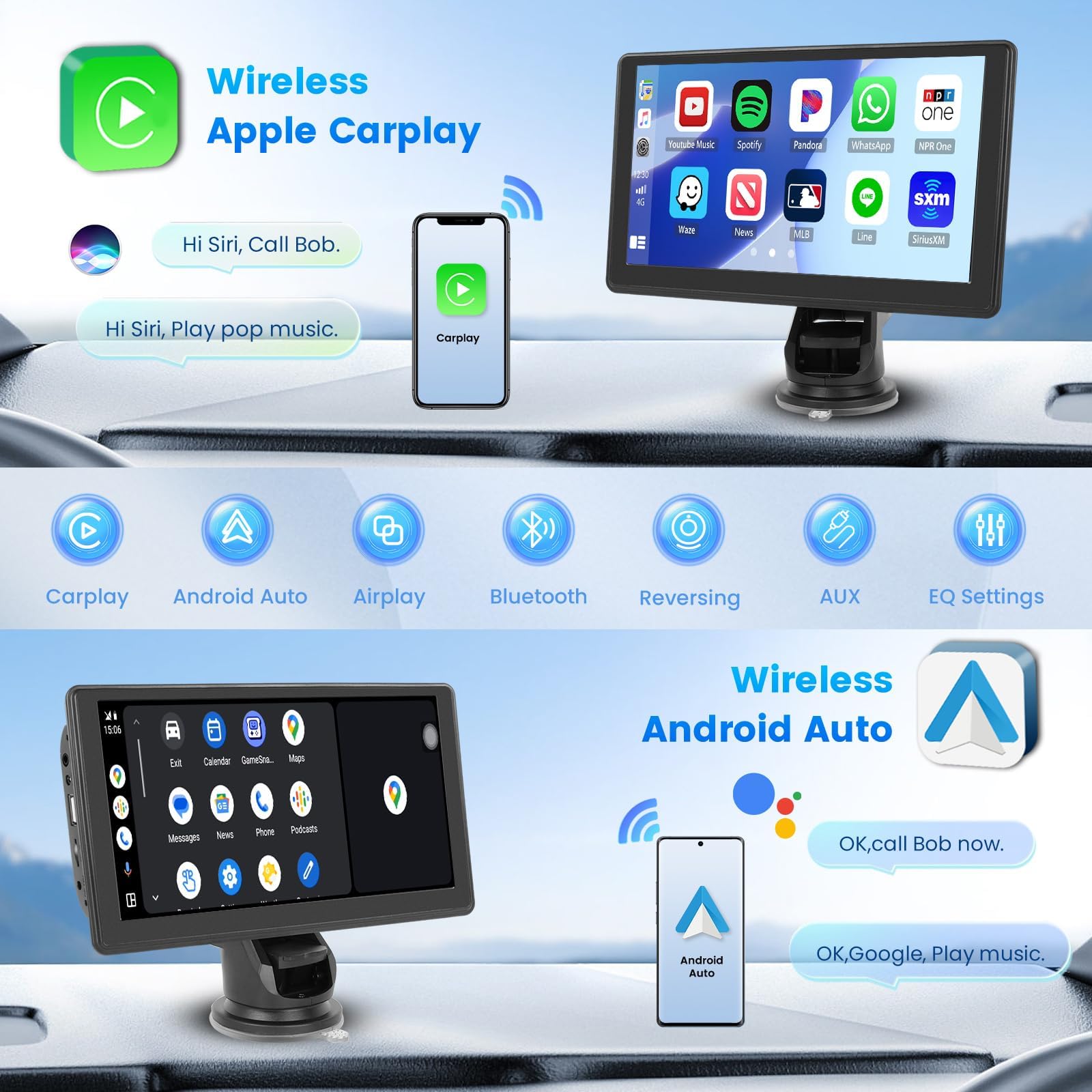 Inefala 7 Pulgadas Inalámbrico Carplay Estéreo para Coche, Pantalla Táctil Portátil Carplay y Android Auto, Enlace a Espejo, Ajustes de Ecualización, FM/TF/USB/AUX, Bluetooth Dual, Cámara Trasera