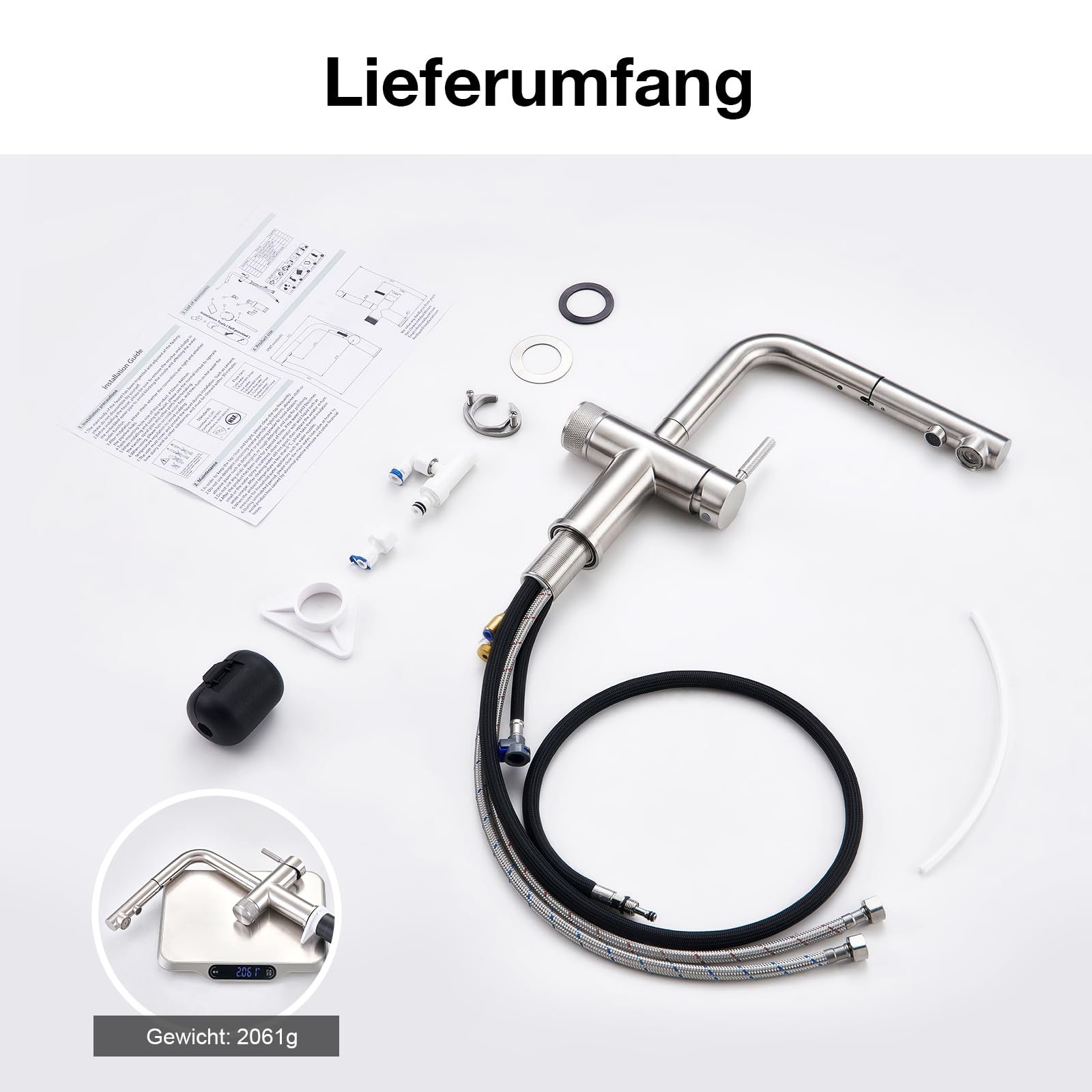 Faustina 3 Wege Küchenarmatur mit Brause ausziehbar, Doppelhebel Armatur Wasserhahn Spültischarmatur Trinkwasserhahn Küche für Osmoseanlage Umkehrosmose und Wasserfilter gebürstet