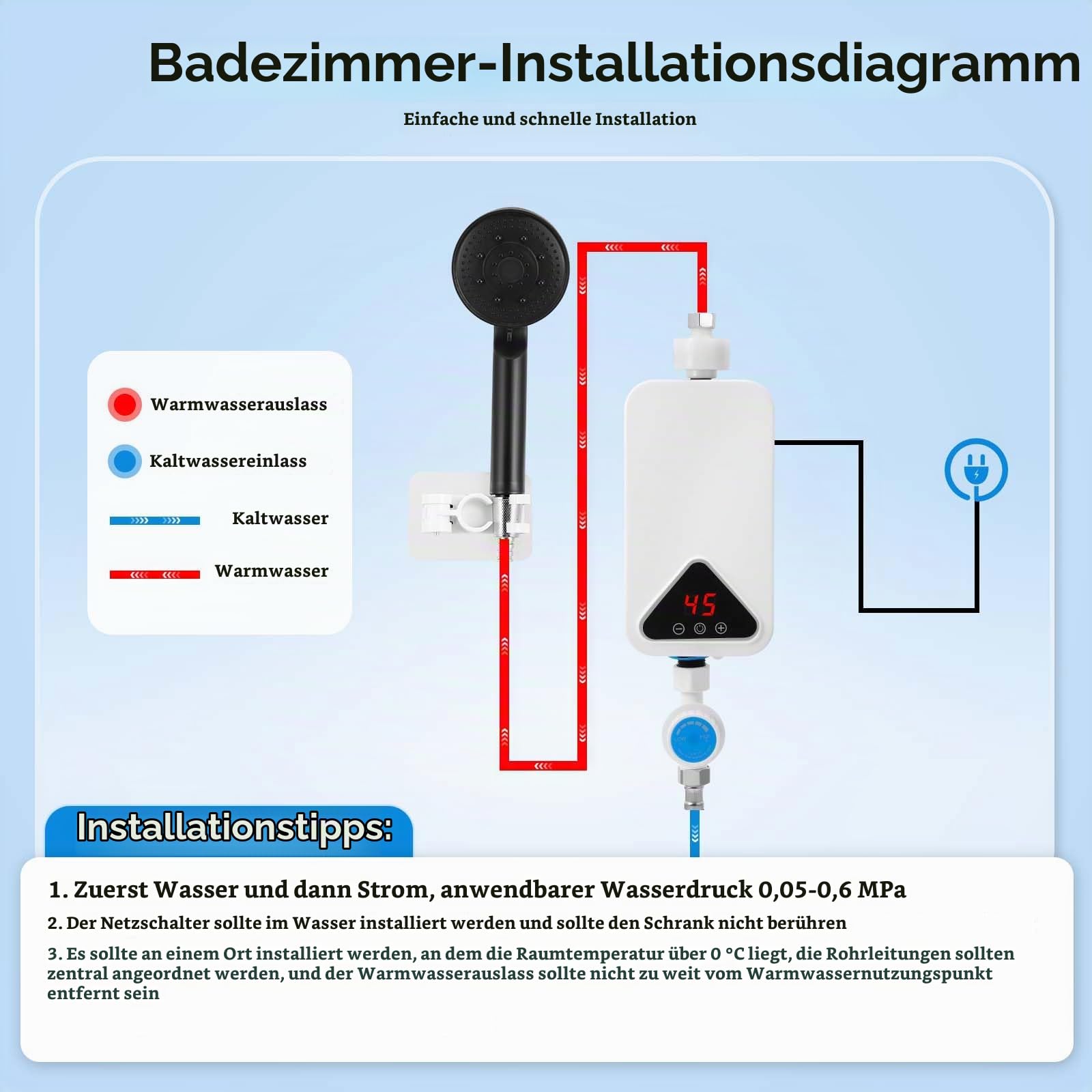 Elektronischer Durchlauferhitzer, 220 V 5500 W Mini Durchlauferhitzer, 30–55 °C, einstellbare Temperatur, Elektrische Warmwasserbereiter Tankloser mit LED-Anzeige für Küche, Badezimmer (RYK-009)