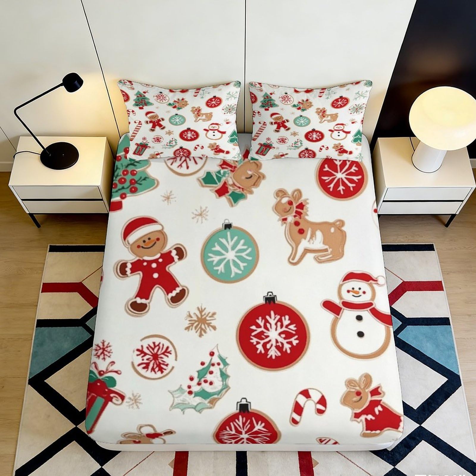 3D Printed Christmas Cookie Fitted Sheet Microfiber Snowman Ornament Mattress Cover for Bedroom Guest Room Decor 140x200x25cm