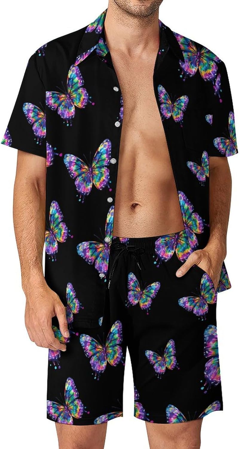 Tie Dye Butterfly Men's Summer Beach Outfits Shirt And Shorts Set 2 Piece Vacation Swimwear