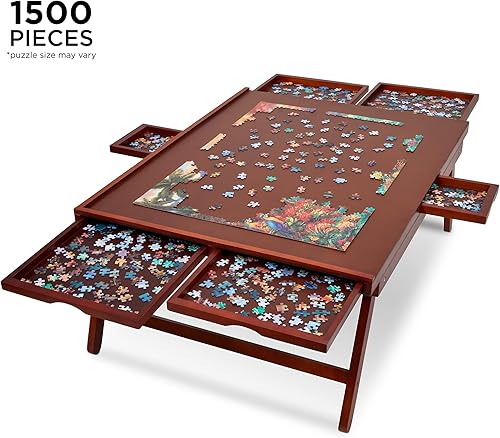 Miniatura 2 de Jumbl Estante para tablero de rompecabezas de 1500 piezas con paspartú, mesa de rompecabezas de madera de 27 x 35 pulgadas con 6 cajones de