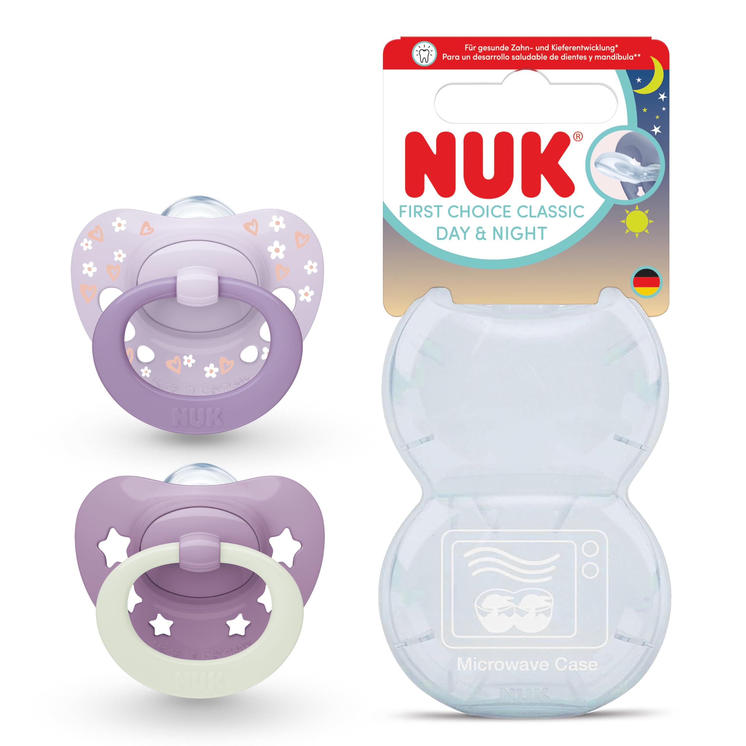 NUK First Choice Classic Night Baby Dummies | 6-18 Months | Orthodontic Soothers that Glow in the Dark | 95% Baby Acceptance** | Purple | 2 Count