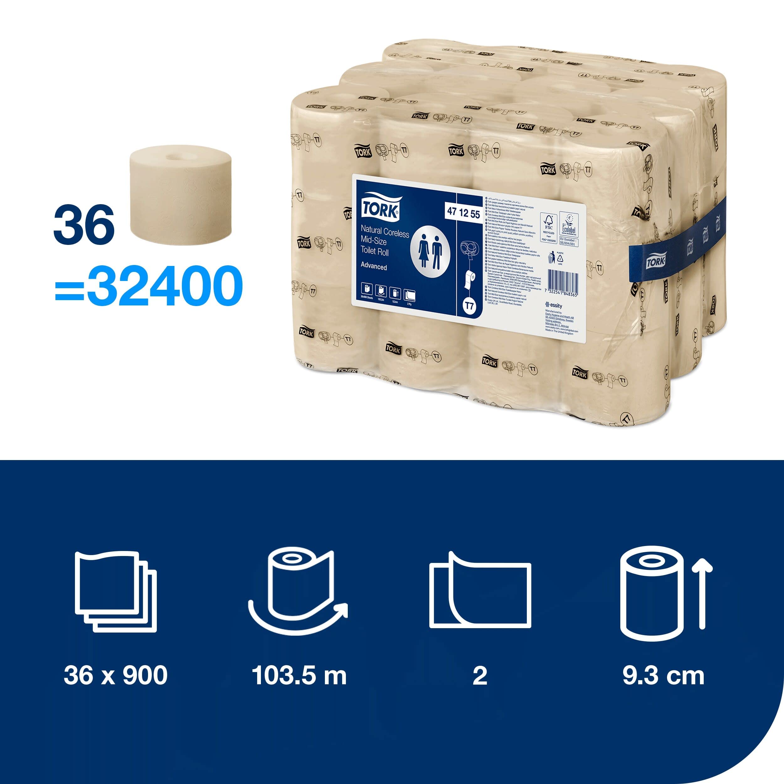 Tork Coreless - Rollo de papel higiénico natural T7, calidad avanzada, tamaño medio, 2 capas, 36 x 900 hojas, 471255