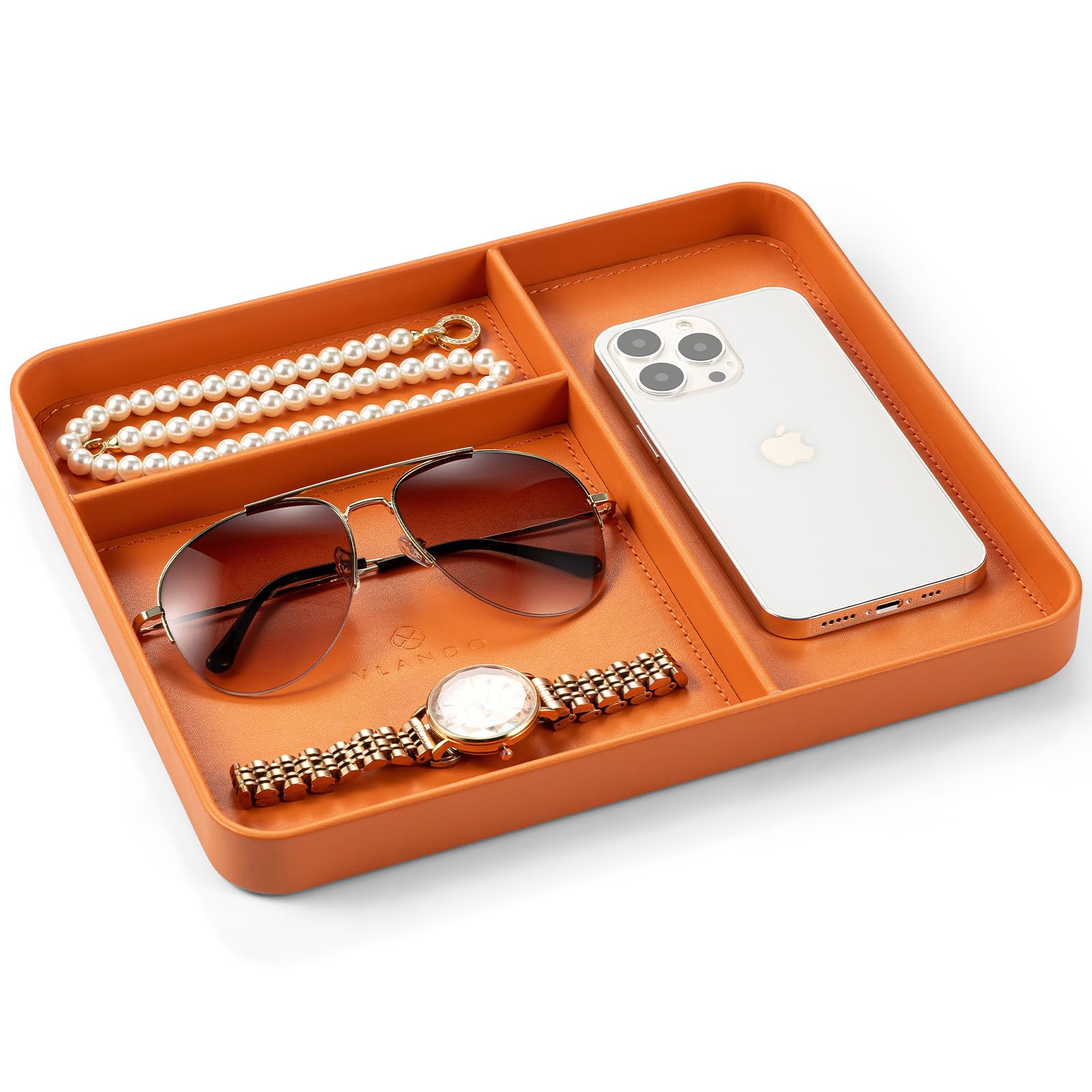 VLANDO Valet Tray for Men Women, Portable 3-Compartment Organiser for desk