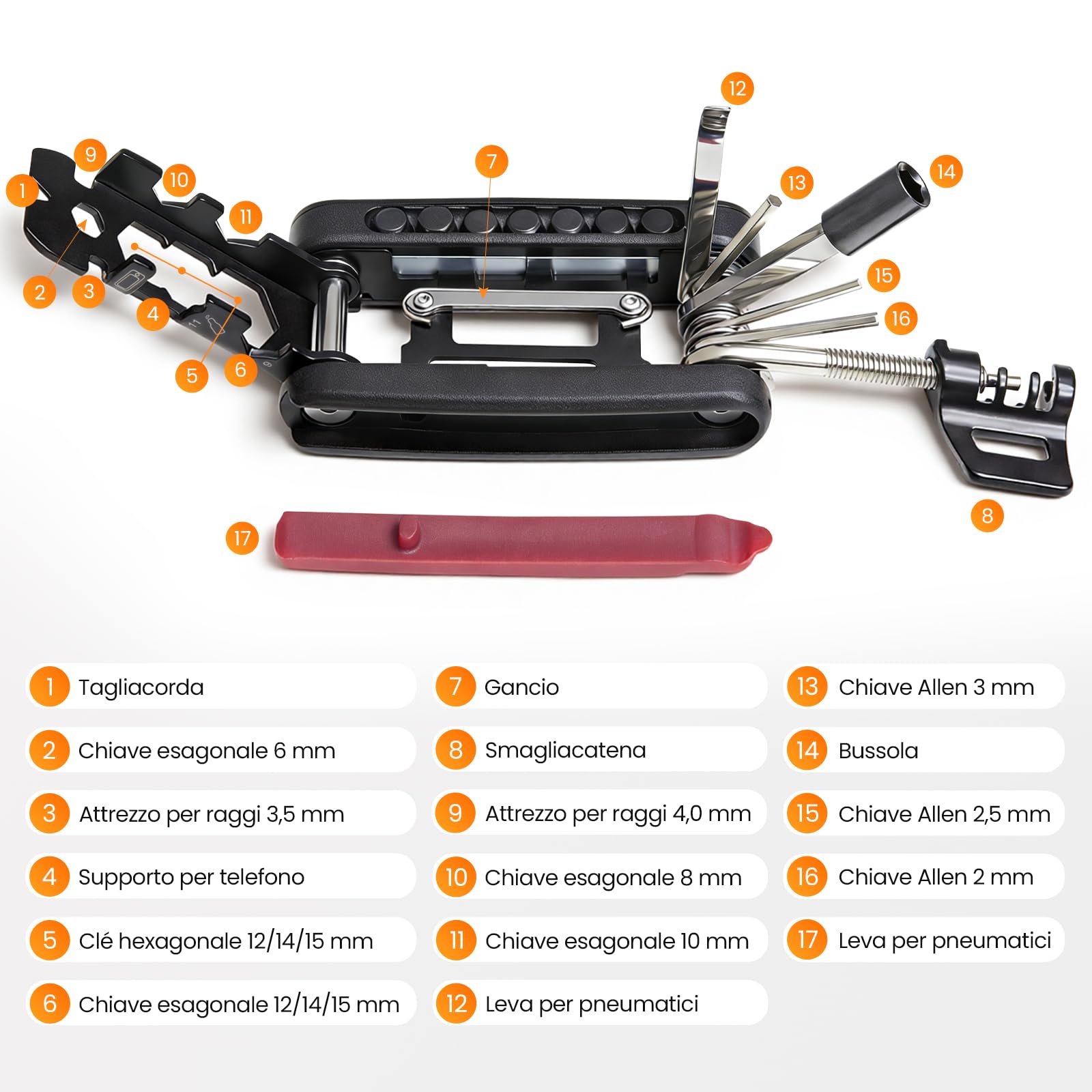 Kit di Riparazione Bici Multifunzione, 25 in 1 Attrezzo Pieghevole, Kit di Strumenti per Emergenze Outdoor, Set di Attrezzi per Biciclette da Strada e Mountain Bike