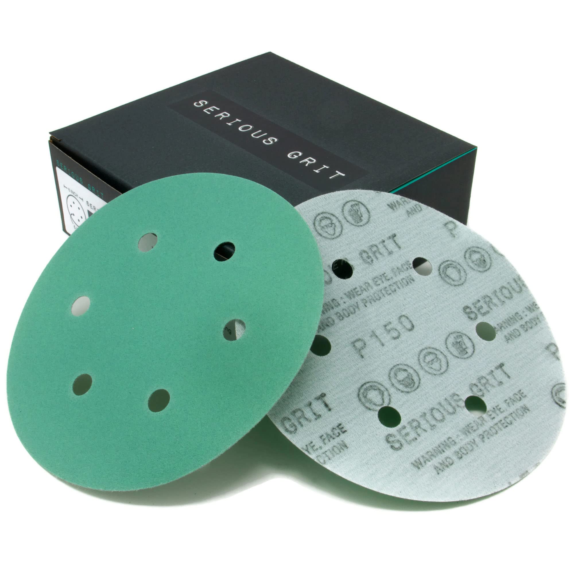 Serious Grit - 6-Inch 6-Hole 150 Grit Sanding Discs - Heavy-Duty Hook & Loop Film Discs - Sandpaper for Random Orbital Sanders - 50 Pack Box