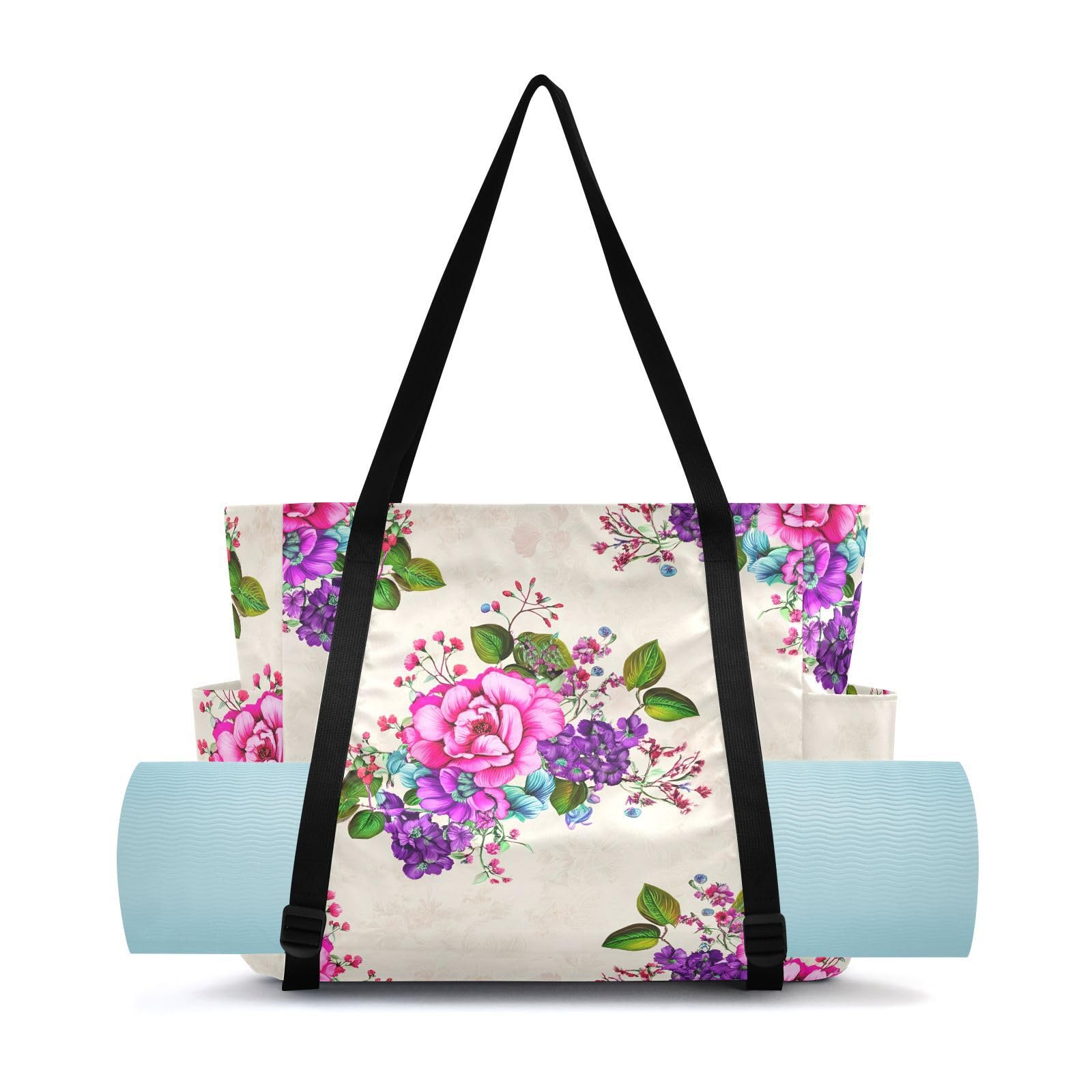 Lxqimora Flowers Beige Romantic Yoga Mat Bag for Women Water-Resistant Gym Bag with Yoga Mat Holder Tote Bag for Office Travel Yoga Pilates
