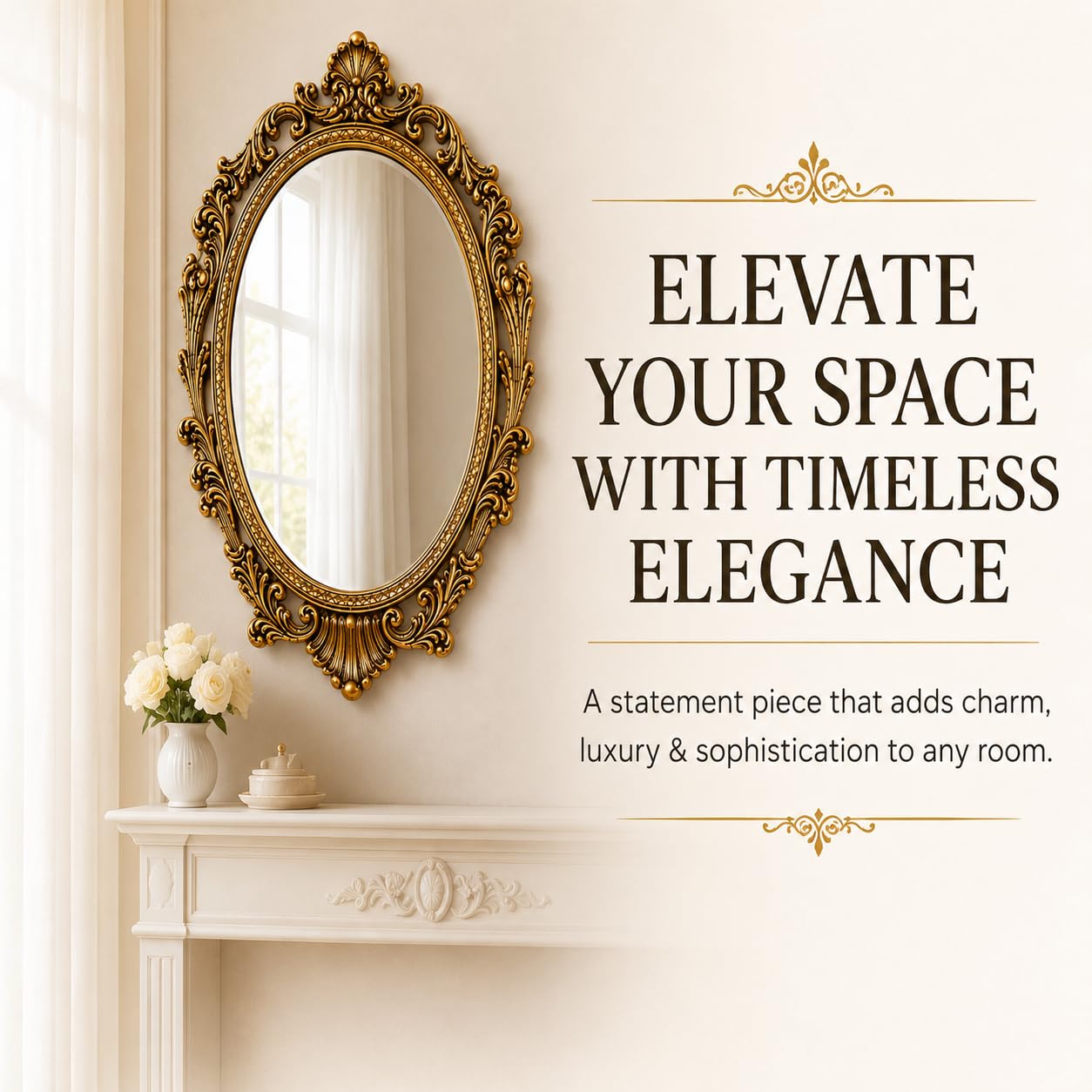 Oval Decorative Wall Mirror Table Miller with Baroque Gold Frame | Vintage Craftsmanship, Tarnish Resistant Finish, HD Reflection, Ornate Floral Design, Easy to Maintain-image-32