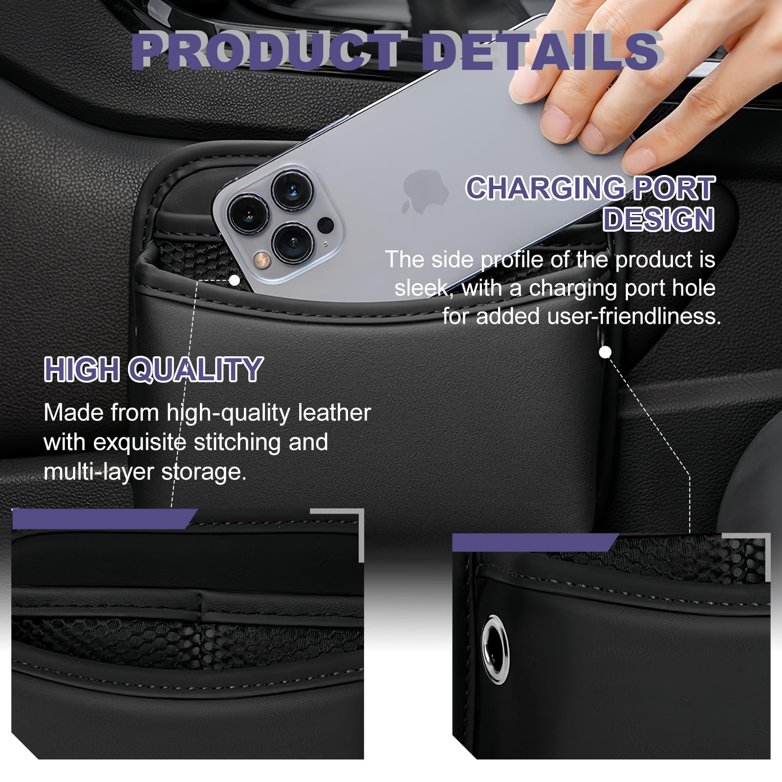 PU Leather Car Side Pocket Organizer,Universal Car Pocket Pouch Cell Phone Holder for Car,Seat Gap Filler Organizer & Storage Pouch for Door Console,Front Seat Console Pockets for Phones Coins - Image 3
