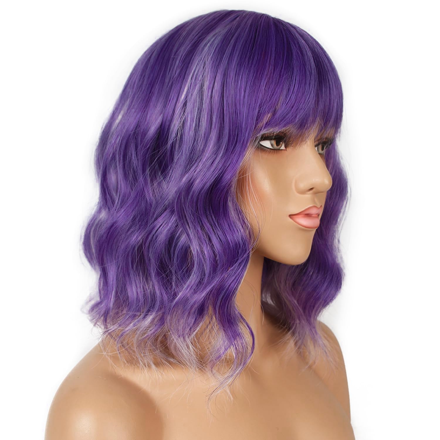 Colorfulpanda Short Bob Dark Purple Wigs for Women Shoulder Length Wavy Curly Wig with Fringe Natural Synthetic Heat Resistant Hair Wig Daily Party wig 14 Inch - Image 4