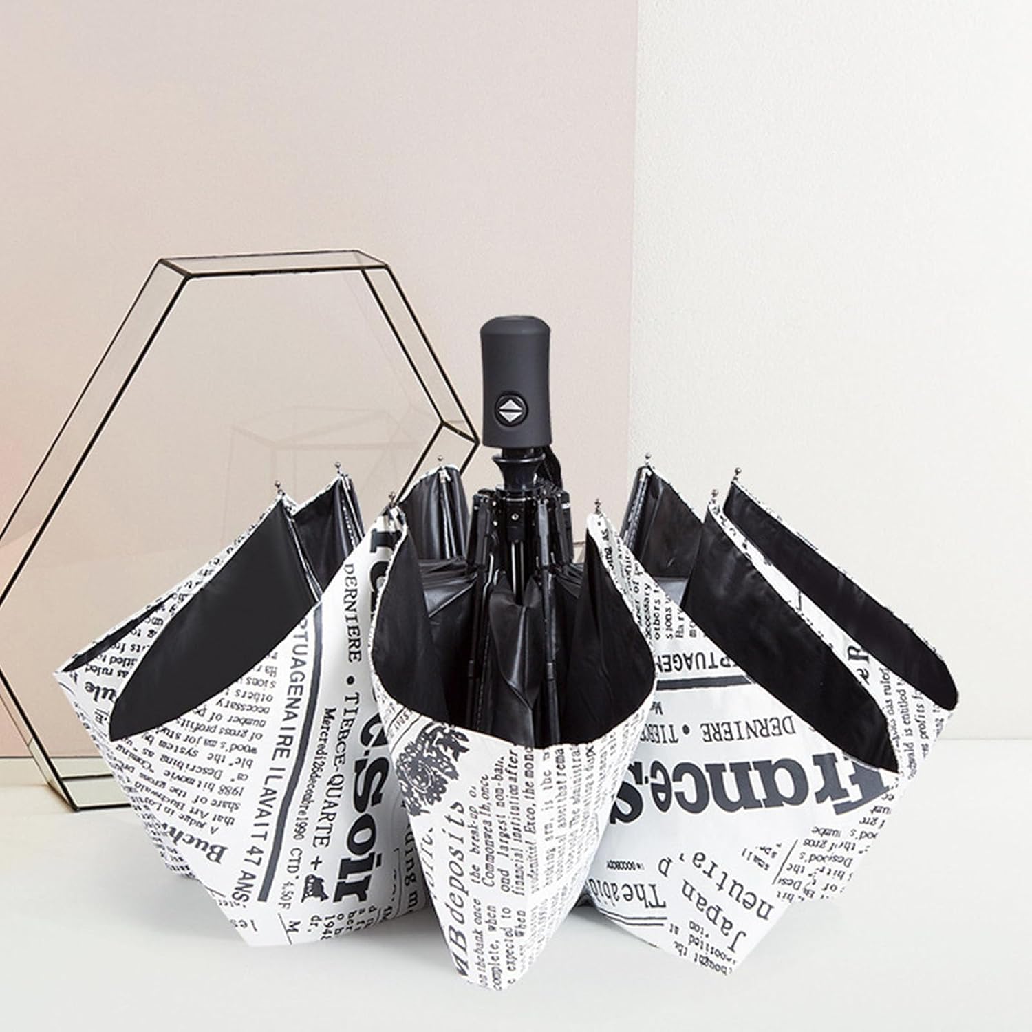 Folding Automatic Umbrella, One Click Open Close Lightweight Compact Umbrellas for Rain with Newspaper Pattern & Ergonomic Handle for Outdoor Travel & Daily Use