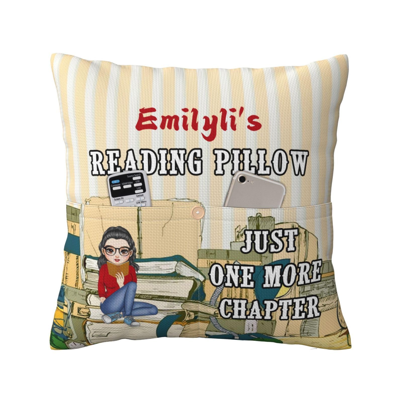 SweetJECCU Personalized Book Reading Pocket Pillow Cover, Just One More Chapter, Custom Name Reading Pillowcase for Bed Sofa Couch, Books Lover Gifts for Bookworm Bookish Readers Librarian (Style 09) — image 1
