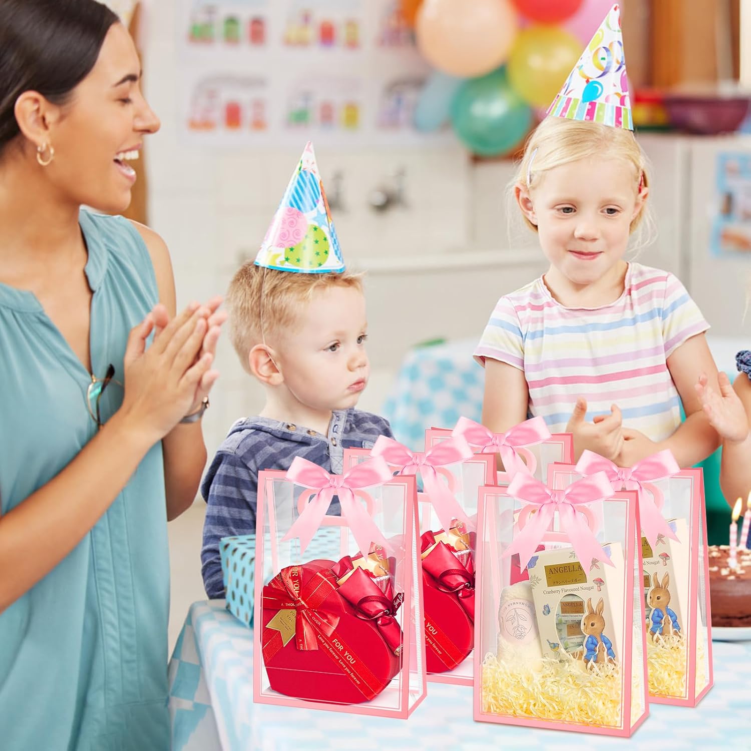 Ohuimrt 12 Pack Clear Plastic Gift Bags with Handles, Reusable Party Favor Bags with Ribbon for Birthday, Wedding, Bachelorette Party, 10.2 x 7.1 x 3.1 Inch (Pink) - Image 6