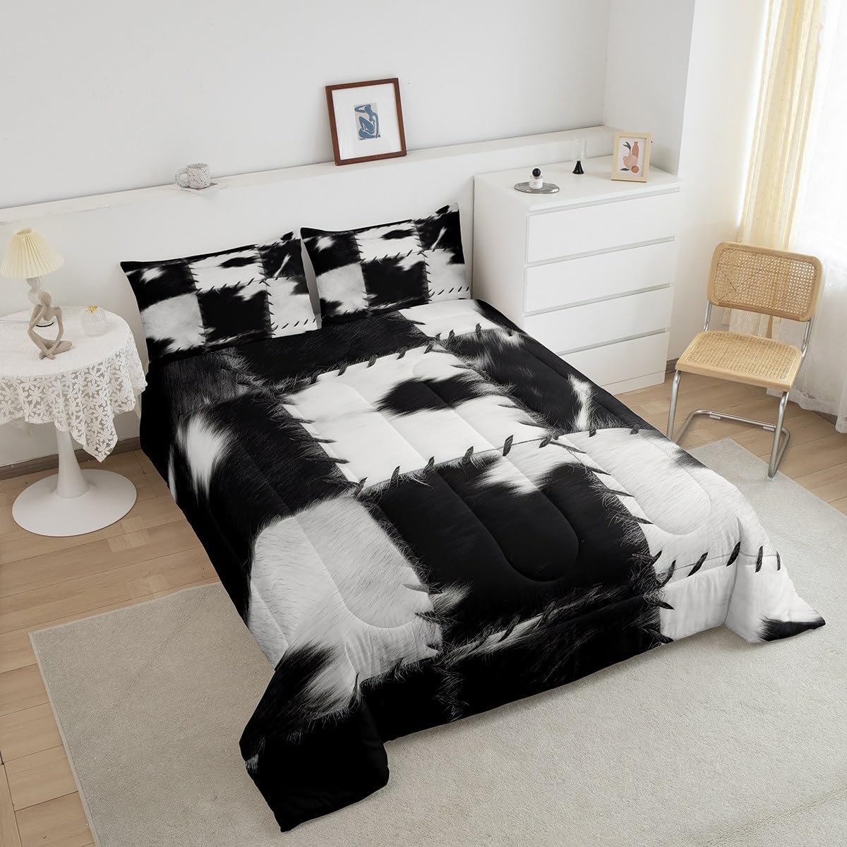 (本物ではありません) 牛革掛け布団 フルパッチワーク 牛毛皮プリント 寝具セット 子供 男の子 女の子 牛 プリント キルト ウェ