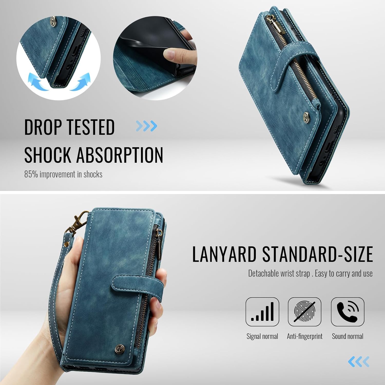Compatible with Samsung Galaxy A16 5G Wallet Case with Card Holder Kickstand Magnetic Zipper Pocket Lanyard Strap Wristlet,Leather Flip Case Wallet for Galaxy A16 5G 6.7 Inch(Blue)