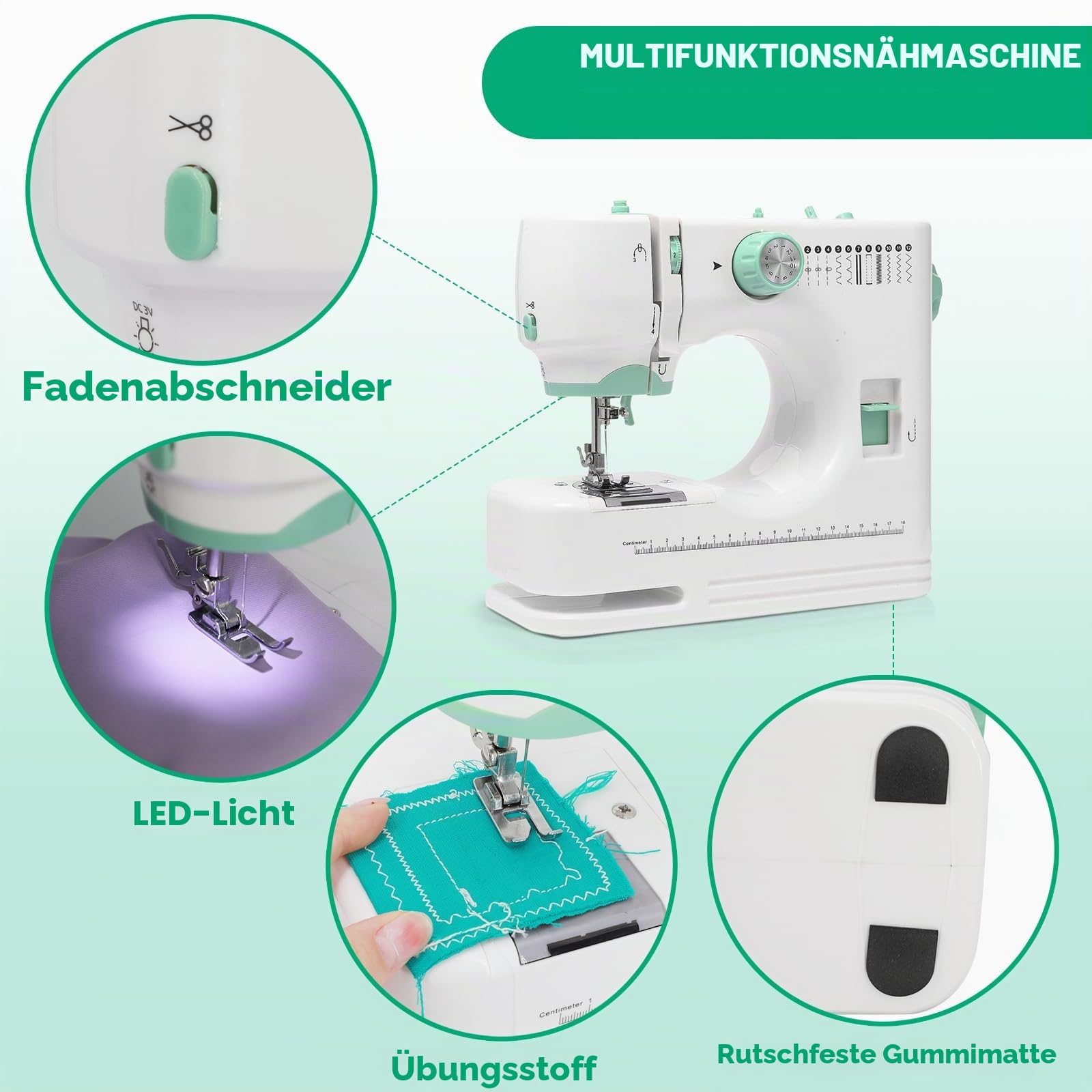 Nähmaschine für Anfänger, 12 Stichmuster & 2 Geschwindigkeiten | 12 Stichmuster, 2 Stufen & Doppelstich. Fußpedal/Knopf. LED-Licht, 9 Spannungen. Komplettset mit Zubehör.