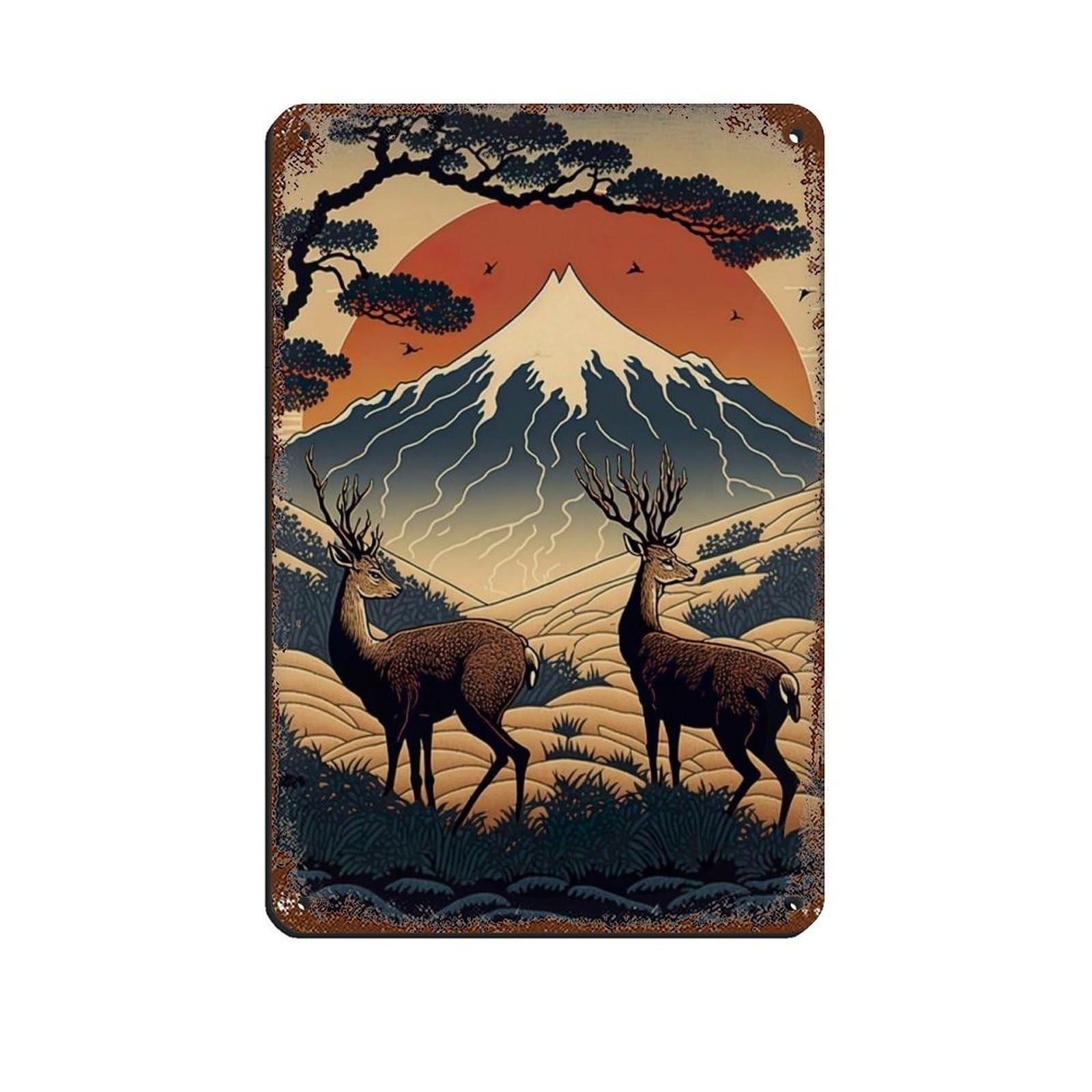 Lxwnze 20L X 30W Cm Sika Deers, Ukiyo-E Art Poster Tin Sign Vintage Metal Pub Club Cafe Bar Home Wall Art Decoration Poster Retro 8X12inch(20X30cm)