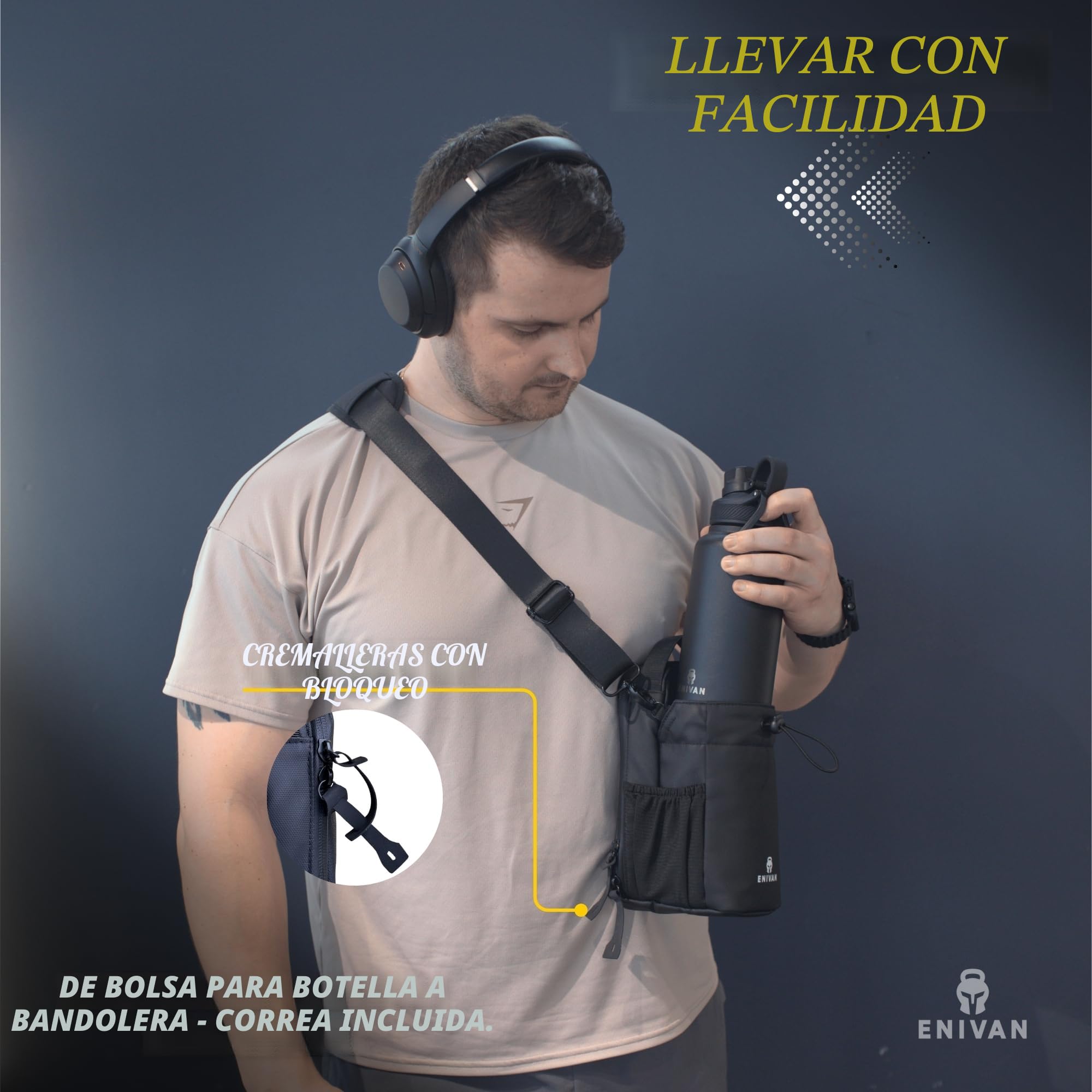 Bolsa Deportiva magnética, Soporte para Botella 1,5L, Bolsillo para móvil, Correa Ajustable Hombre Mujer, mosquetón Llaves, riñonera para Fitness, Gimnasio, musculación, Negro