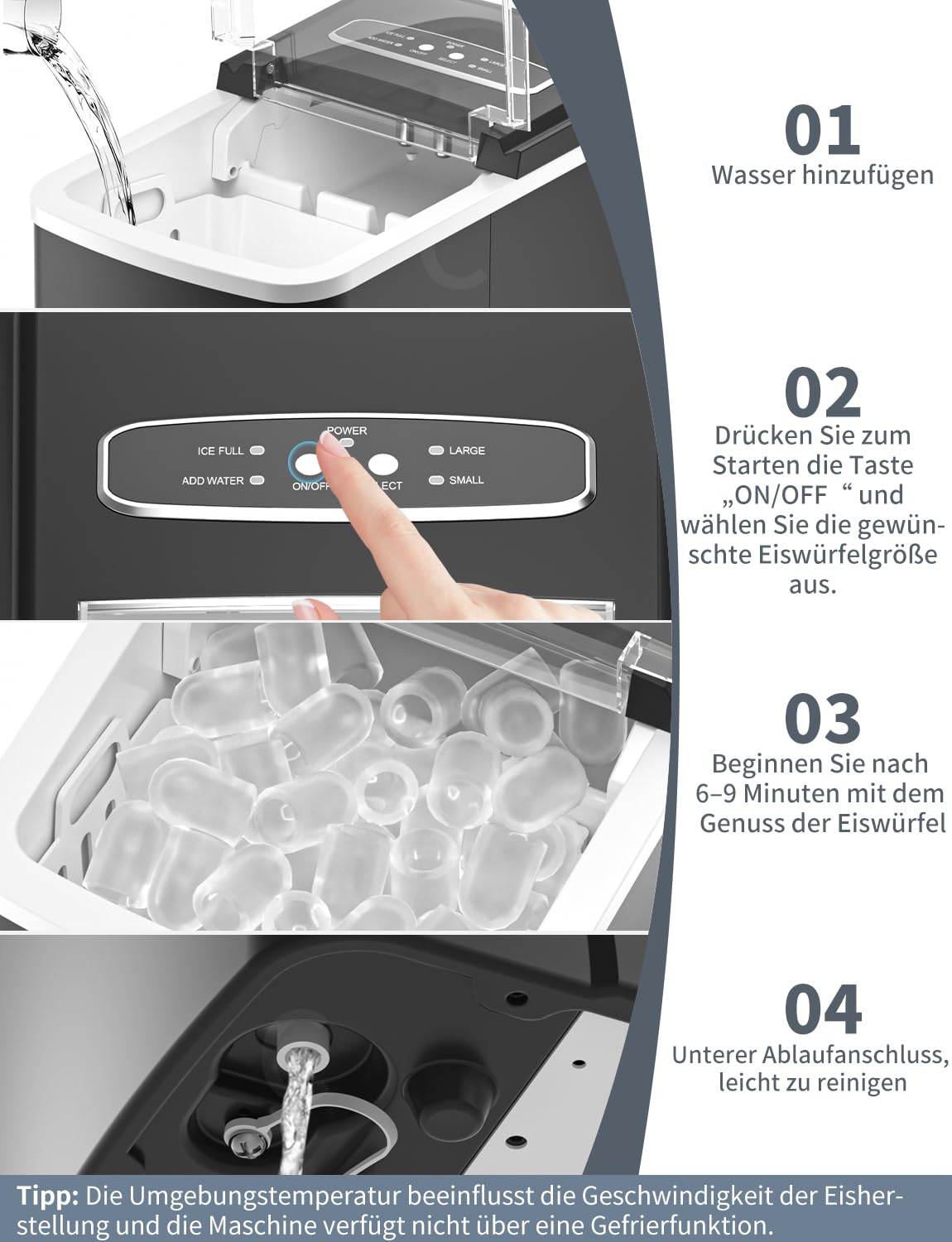 Eiswürfelmaschine, 12 kg in 24 Stunden, 9 Eiswürfel in 6 – 8 Minuten, automatisch, kompakt, tragbar, für Zuhause/Küche/Bar