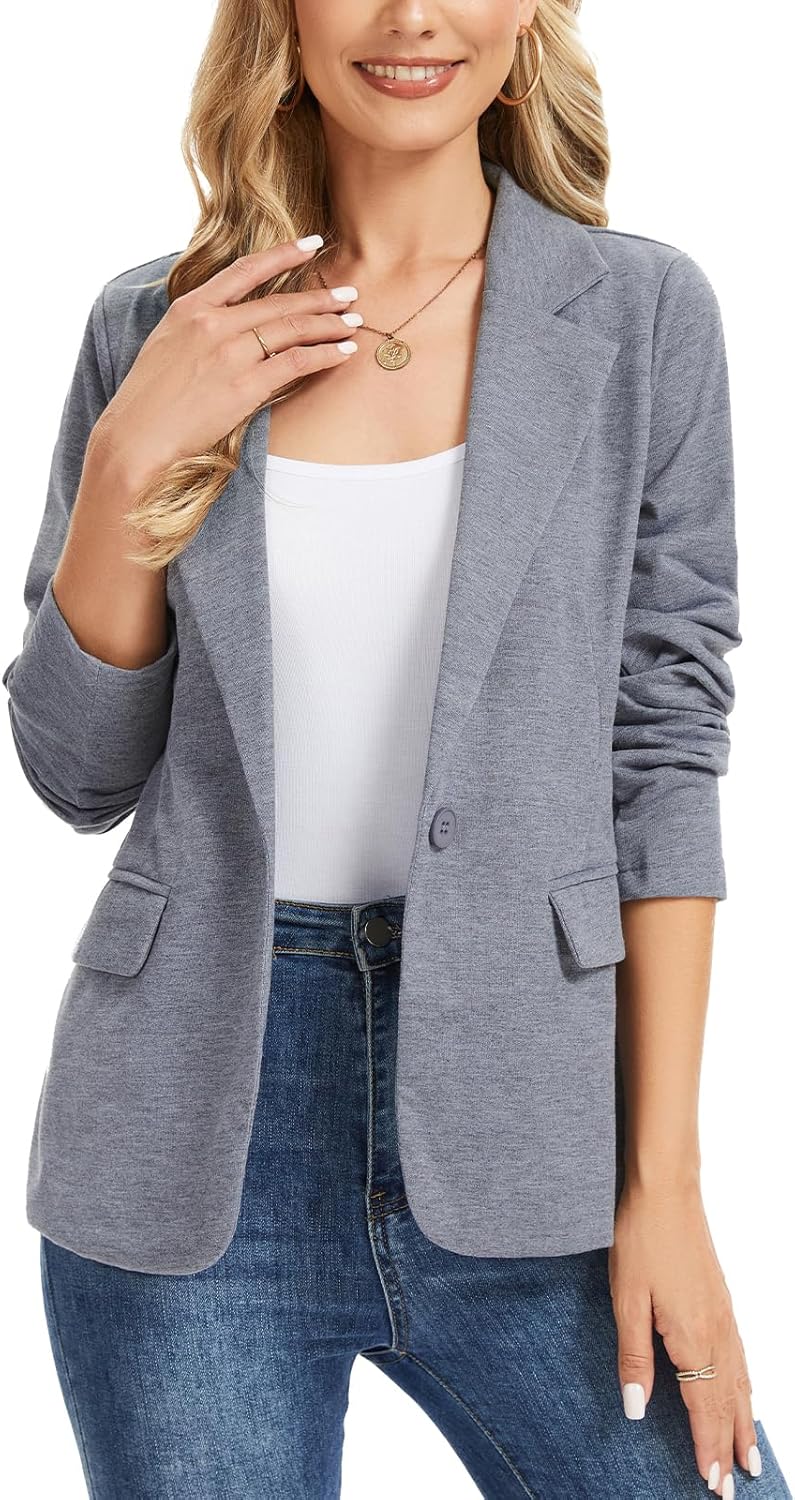 Women's Blazer Long Sleeve Lapel Button Jersey Knit Blazers Casual Work Office Suit Jacket with Pockets - Image 3