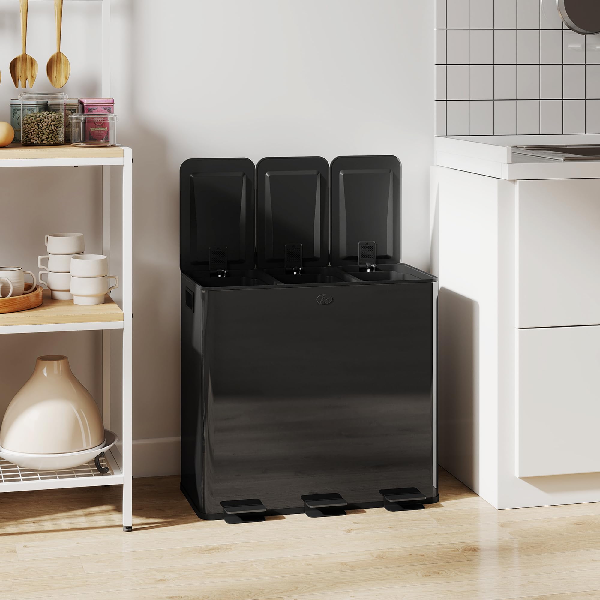 HOMCOM Pattumiera Differenziata 3 Scomparti 20L da Cucina a Pedale, Cestino Spazzatura con 3 Coperchi a Chiusura Silenziosa in Acciaio Inox e PP, 61.9x36.6x56.7 cm, Nero